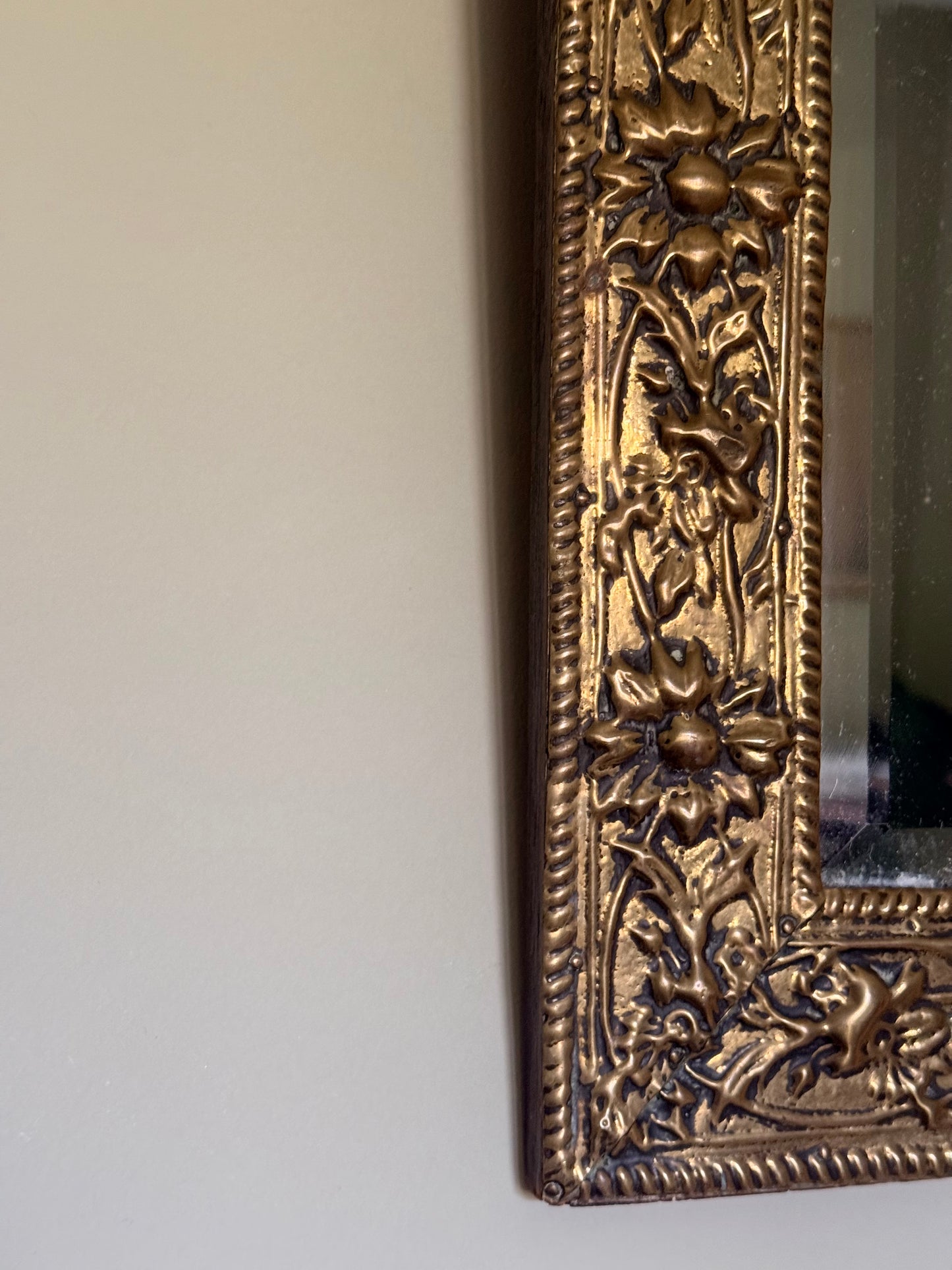 Antique Art Nouveau Brass Framed Bevelled Wall Mirror | Floral Repoussé Frame | Vintage