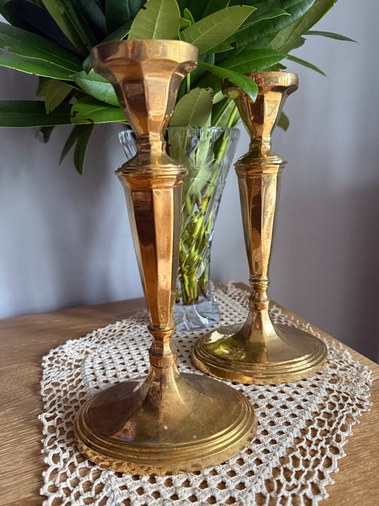 Vintage, large solid brass candlestick holders.