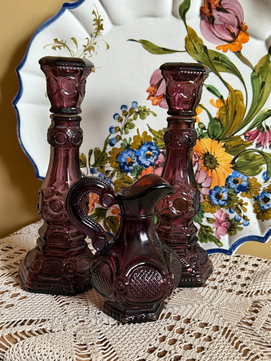 Vintage, candlestick holders with small pitcher.