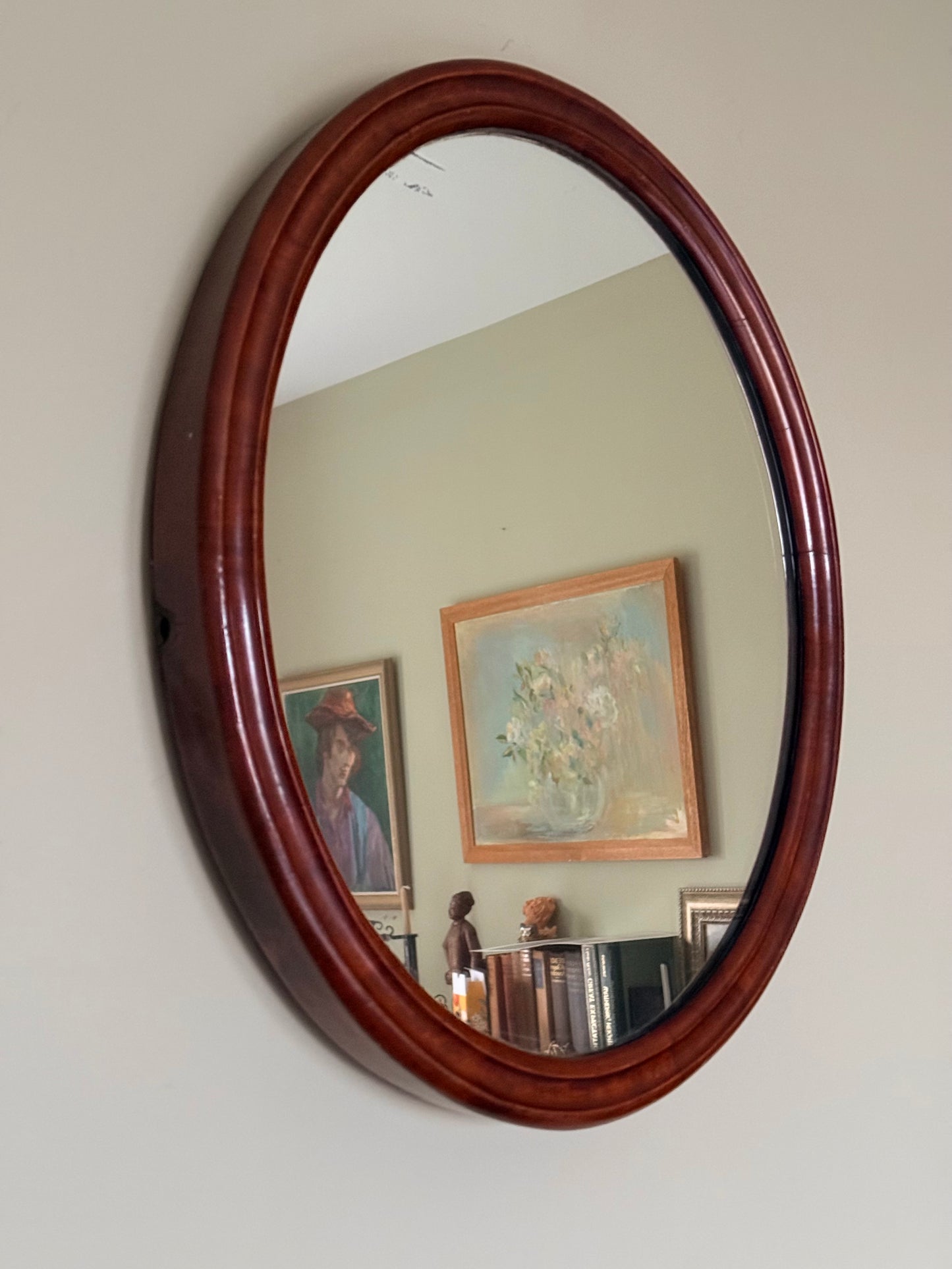 Vintage Oval Mahogany Style Wooden Wall Mirror – Classic Mid-Century