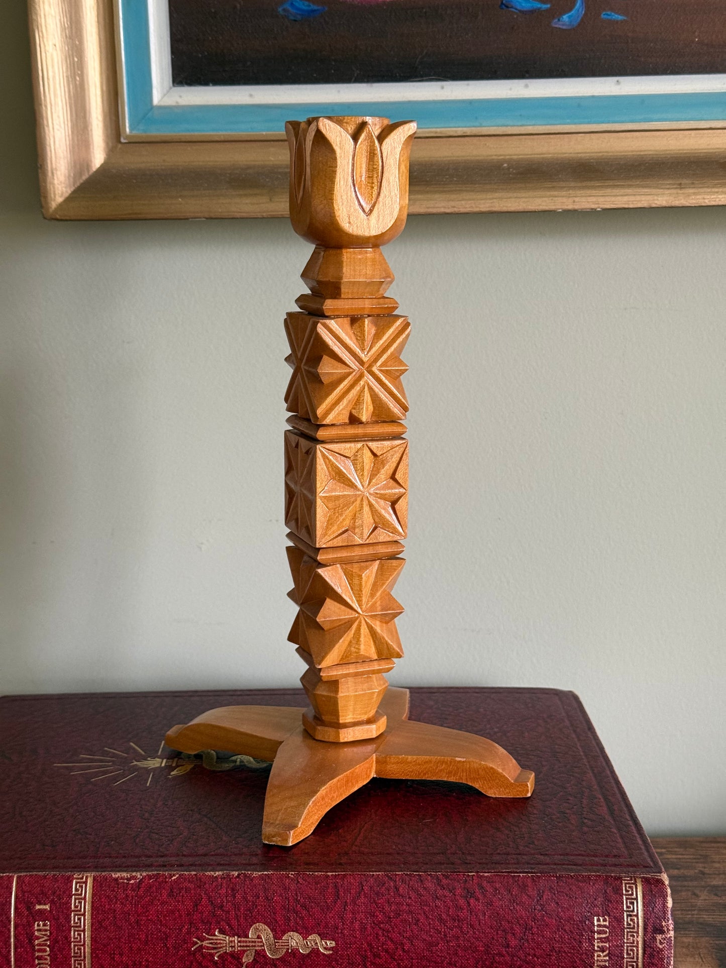 Vintage Scandinavian Hand-Carved Wooden Candlestick – Mid Century Folk Art