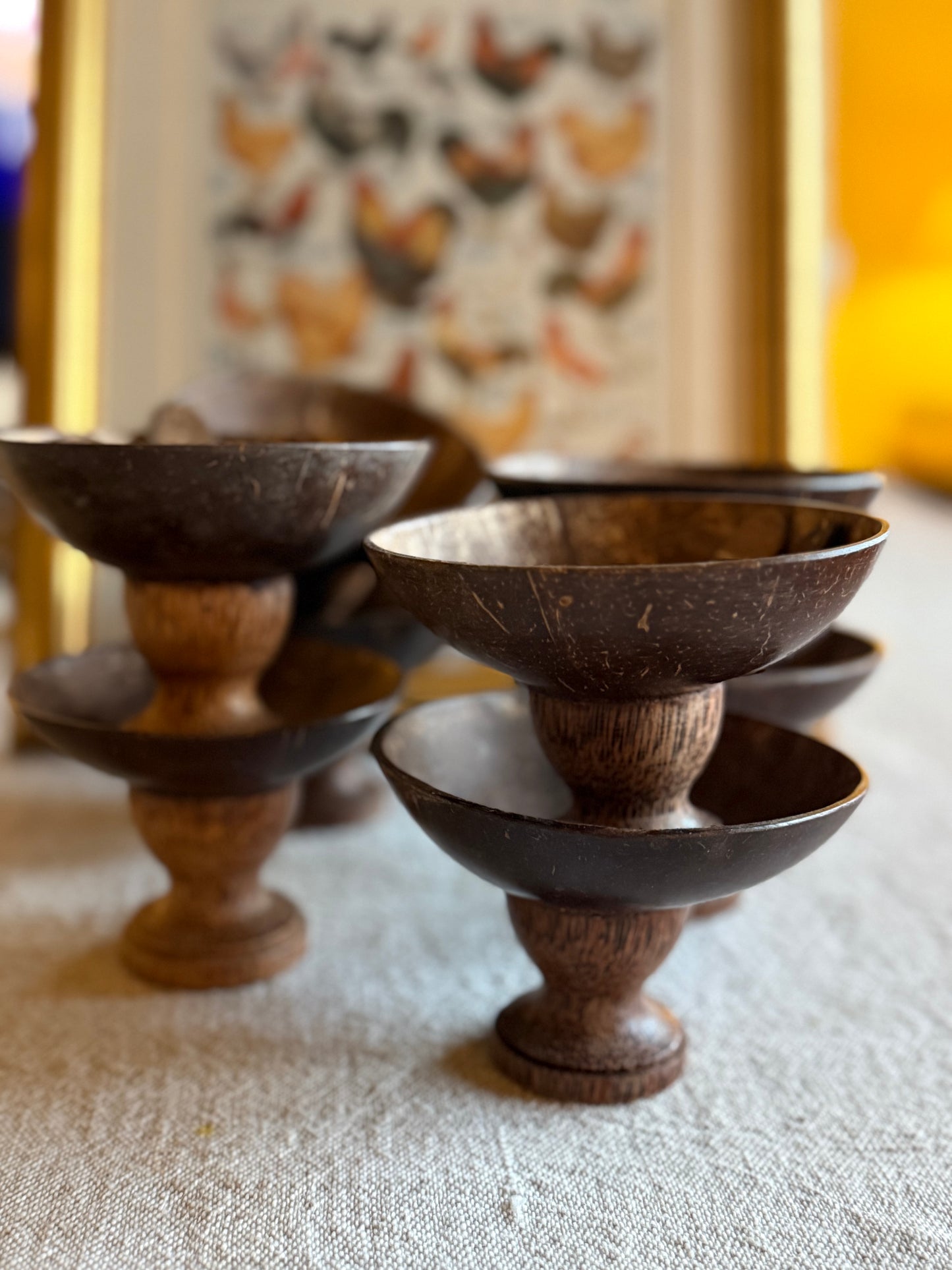 8 Vintage handmade coconut dessert bowls with spoons.