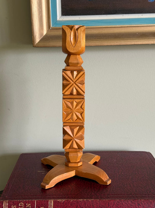 Vintage Scandinavian Hand-Carved Wooden Candlestick – Mid Century Folk Art