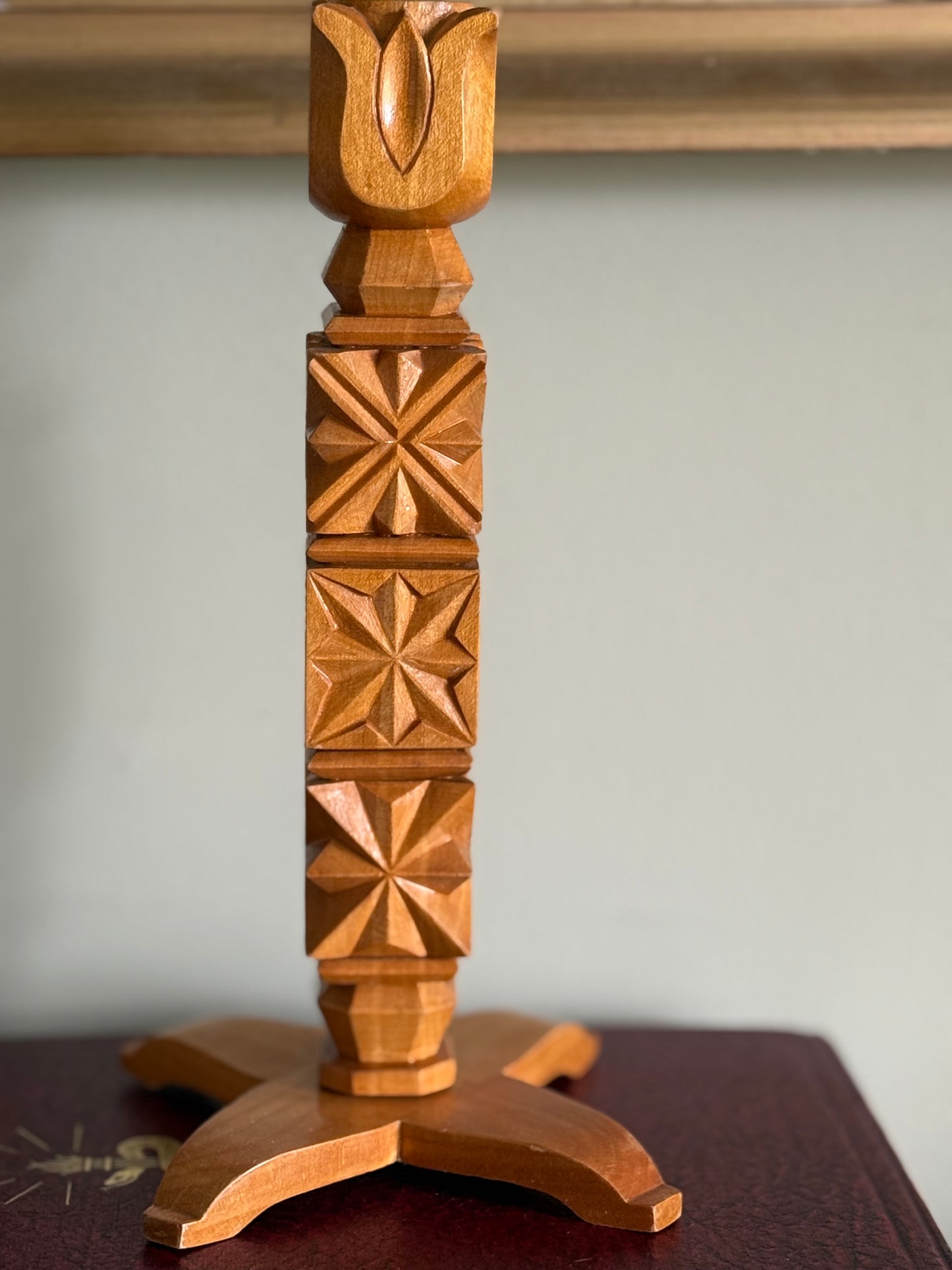 Vintage Scandinavian Hand-Carved Wooden Candlestick – Mid Century Folk Art