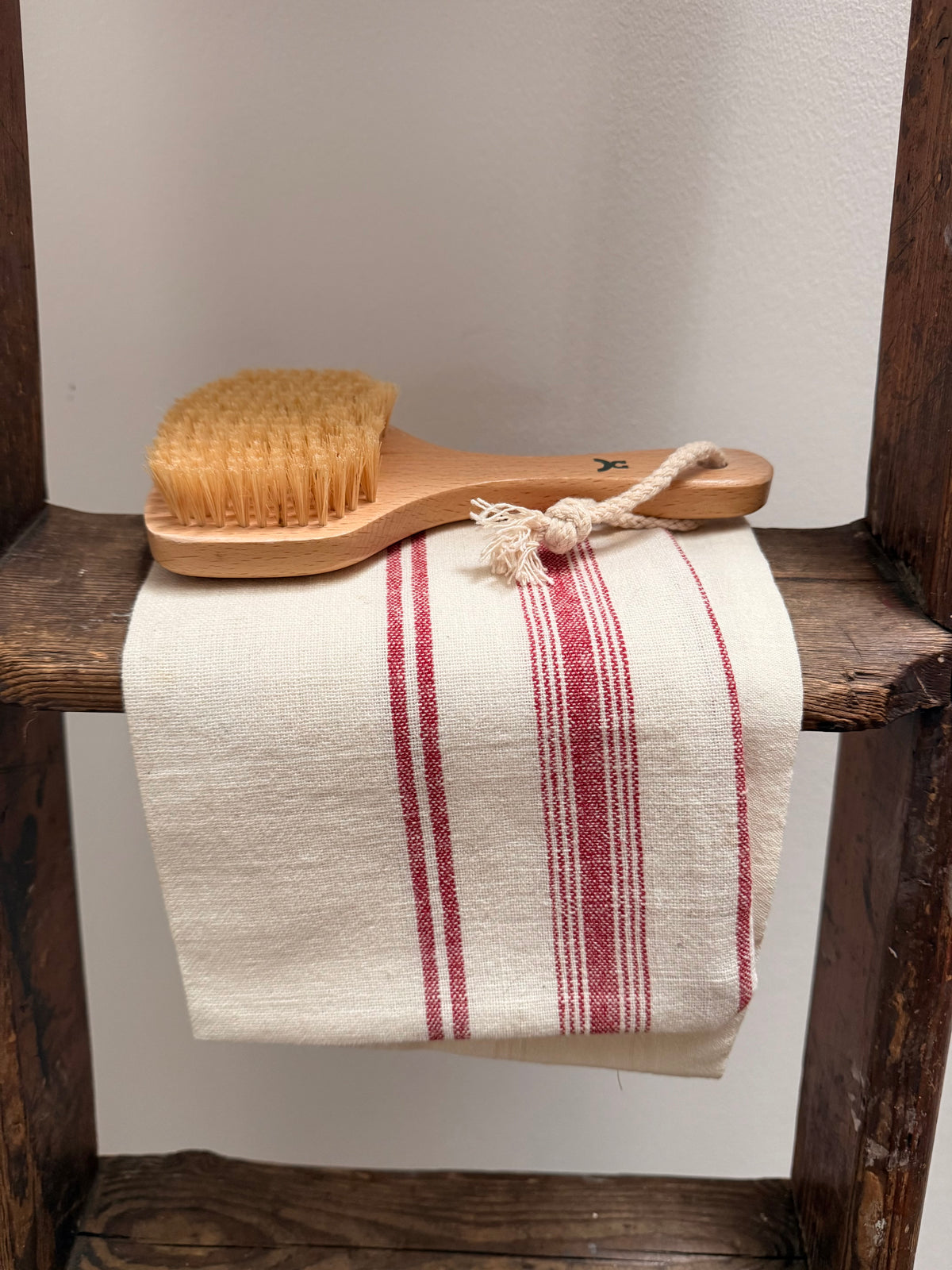 Vintage French Linen Grain Sack Towel | Red Stripe Kitchen Tea Towel | Rustic Farmhouse Linen