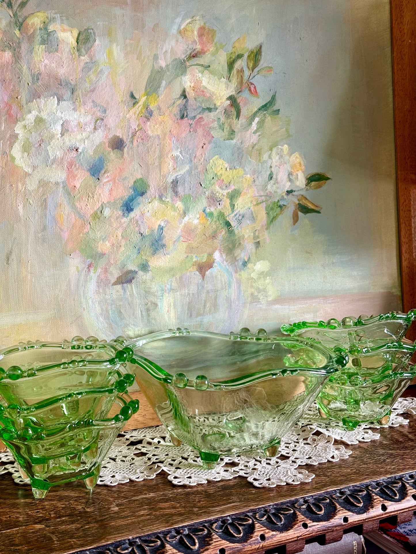 Vintage Green Art Glass Serving Set – Large Bowl + 6 Small Bowls | Hand Blown | Bohemian Style
