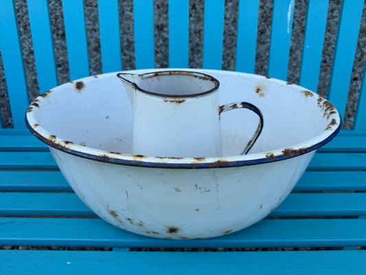 Vintage White Enamel Wash Basin & Water Jug Pitcher Set Rustic Farmhouse Cottage Decor