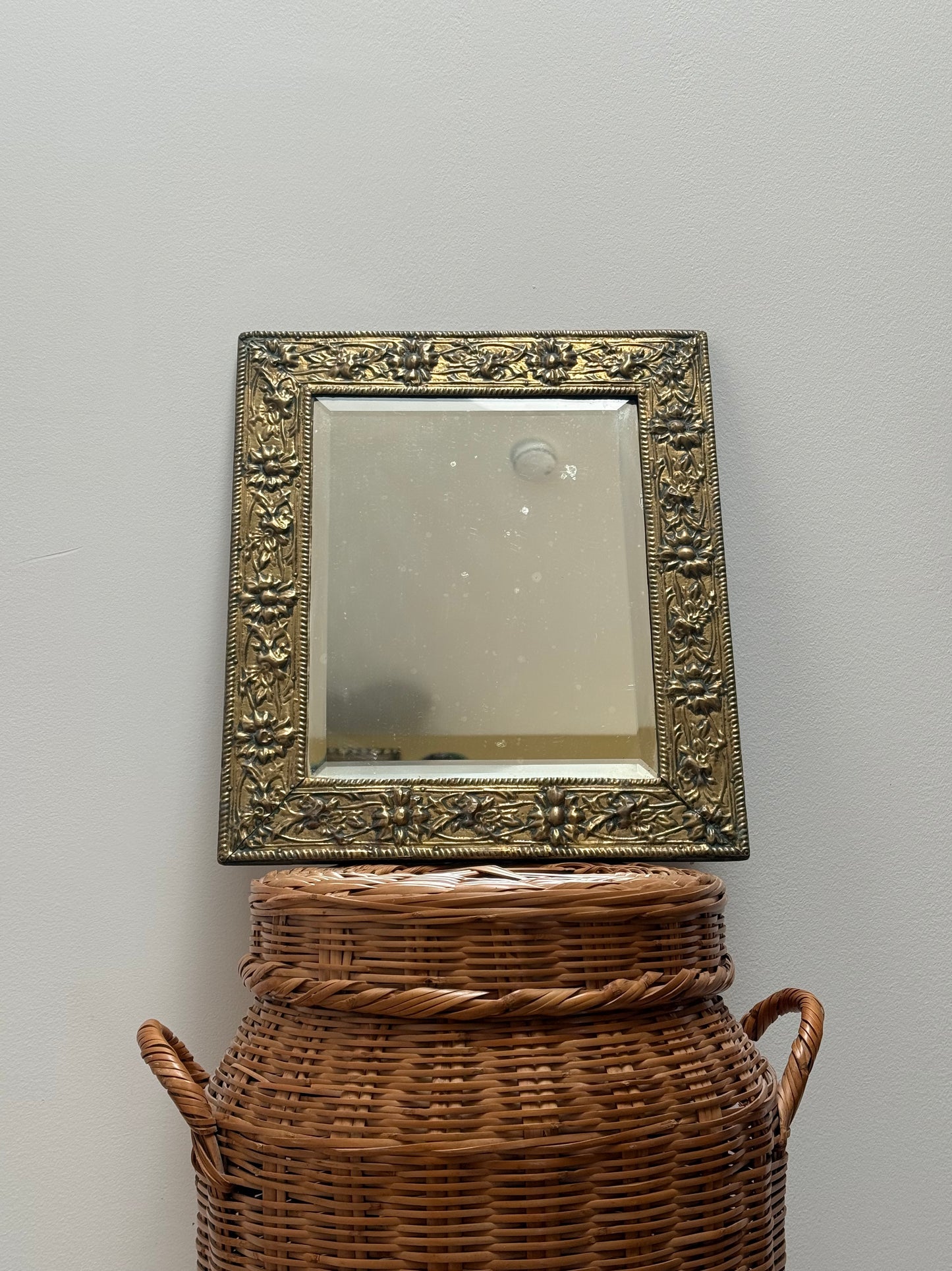 Antique Art Nouveau Brass Framed Bevelled Wall Mirror | Floral Repoussé Frame | Vintage