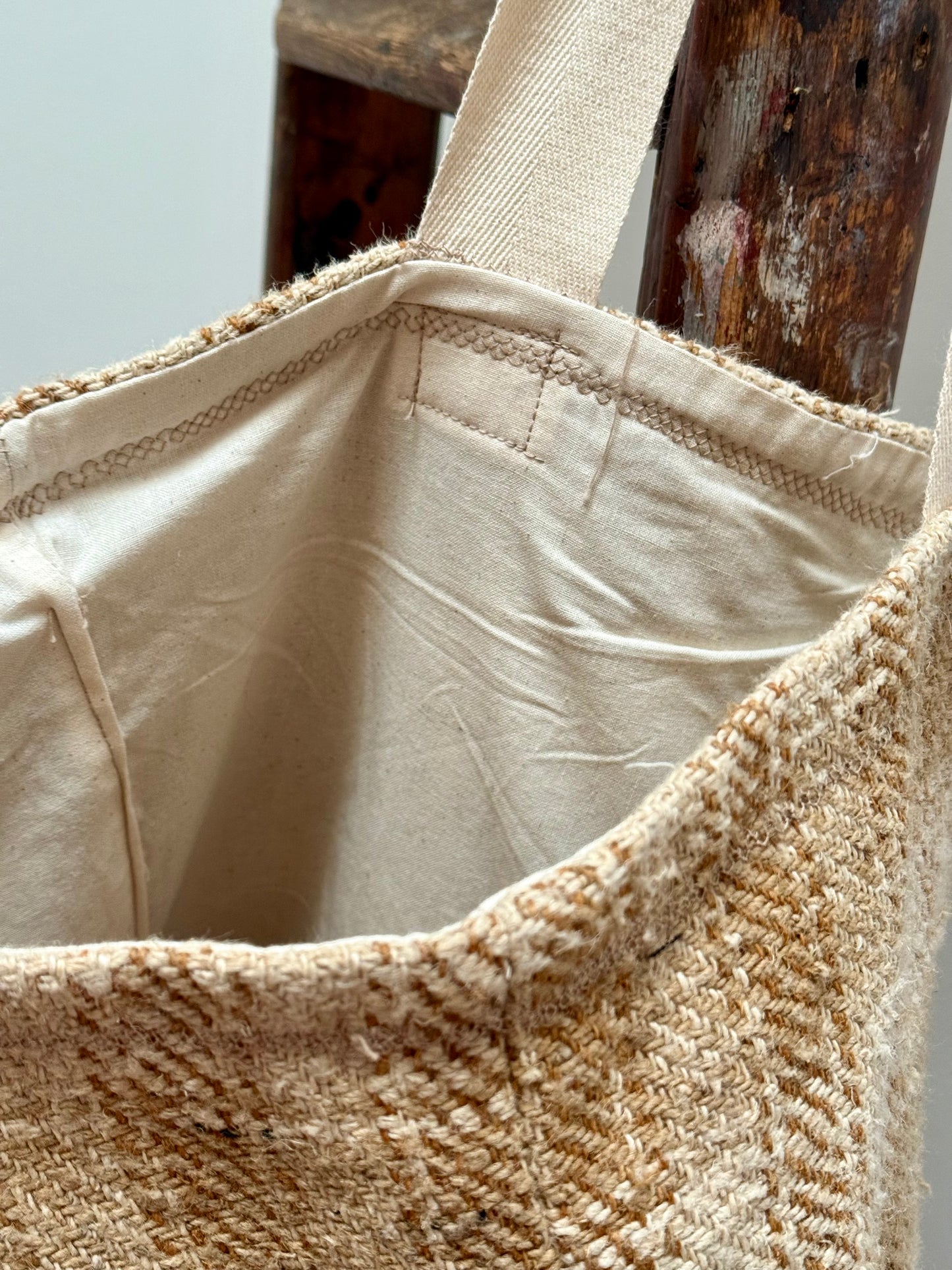 Organic, antique, handwoven linen tote bag.