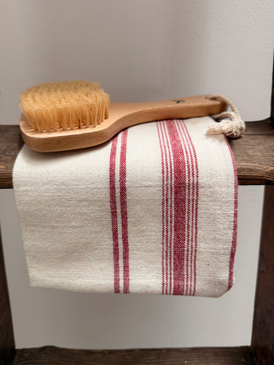 Vintage French Linen Grain Sack Towel | Red Stripe Kitchen Tea Towel | Rustic Farmhouse Linen
