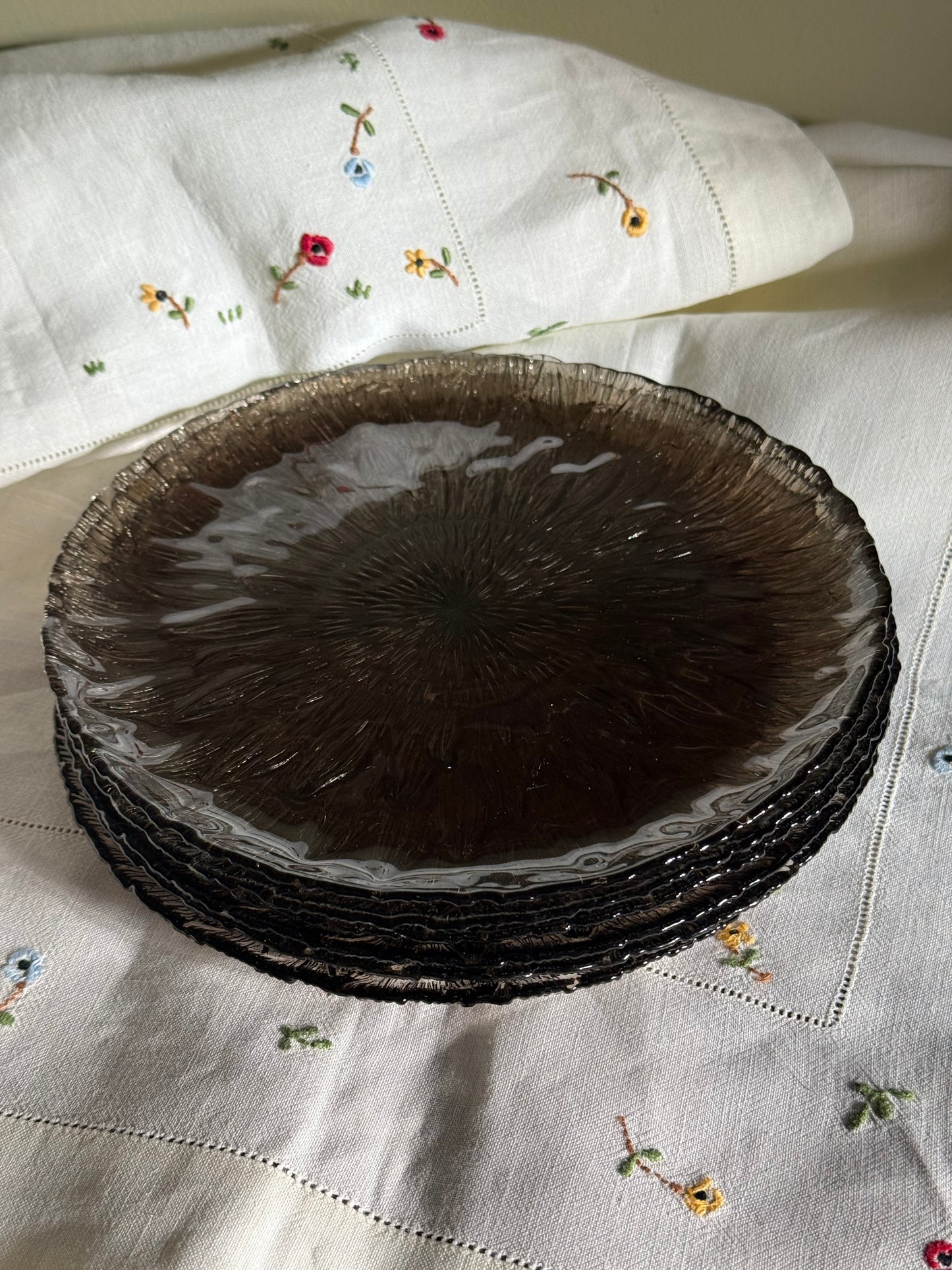 Vintage Arcopal Marguerite Smoked Glass Dessert Plates – Set of 6 with Box