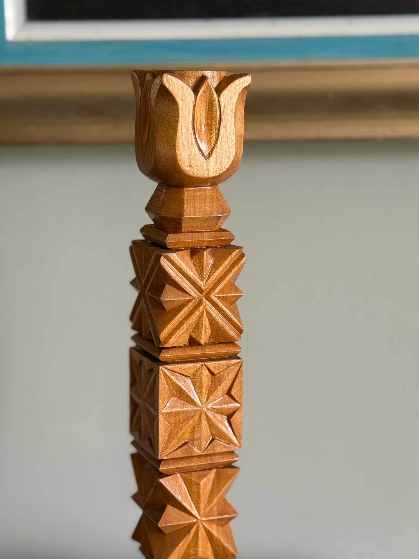 Vintage Scandinavian Hand-Carved Wooden Candlestick – Mid Century Folk Art