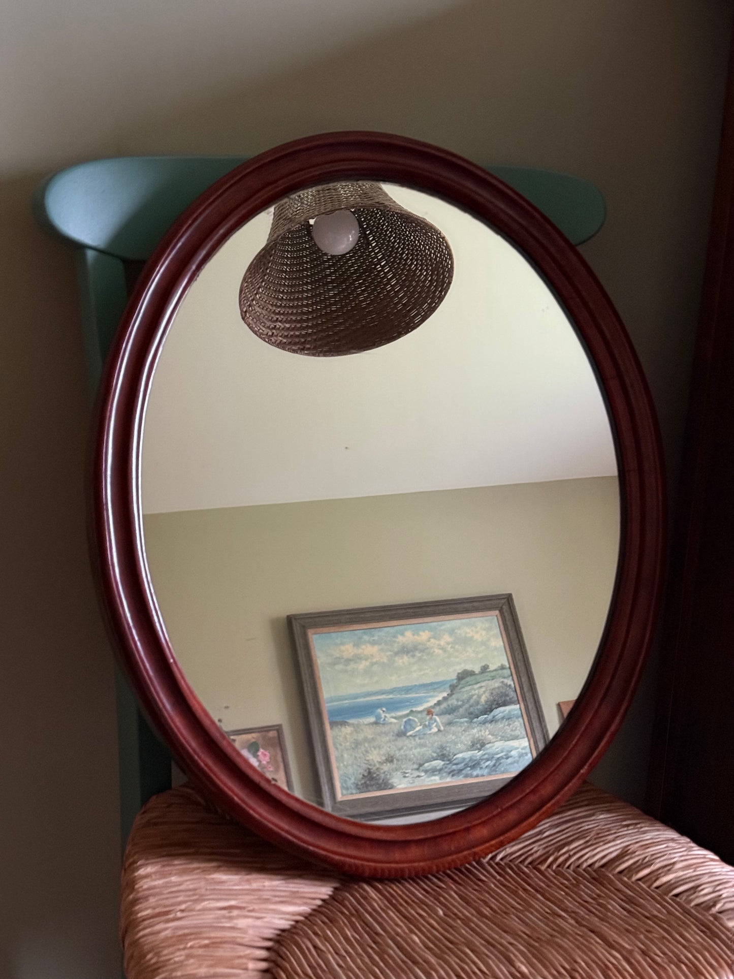 Vintage Oval Mahogany Style Wooden Wall Mirror – Classic Mid-Century