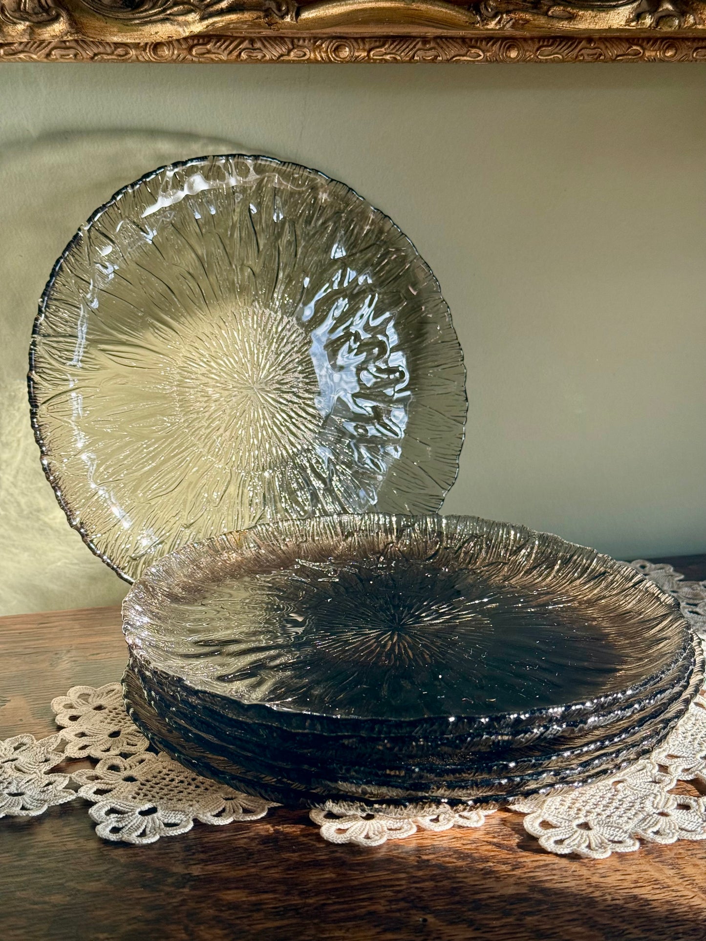 Vintage Arcopal Marguerite Smoked Glass Dessert Plates – Set of 6 with Box