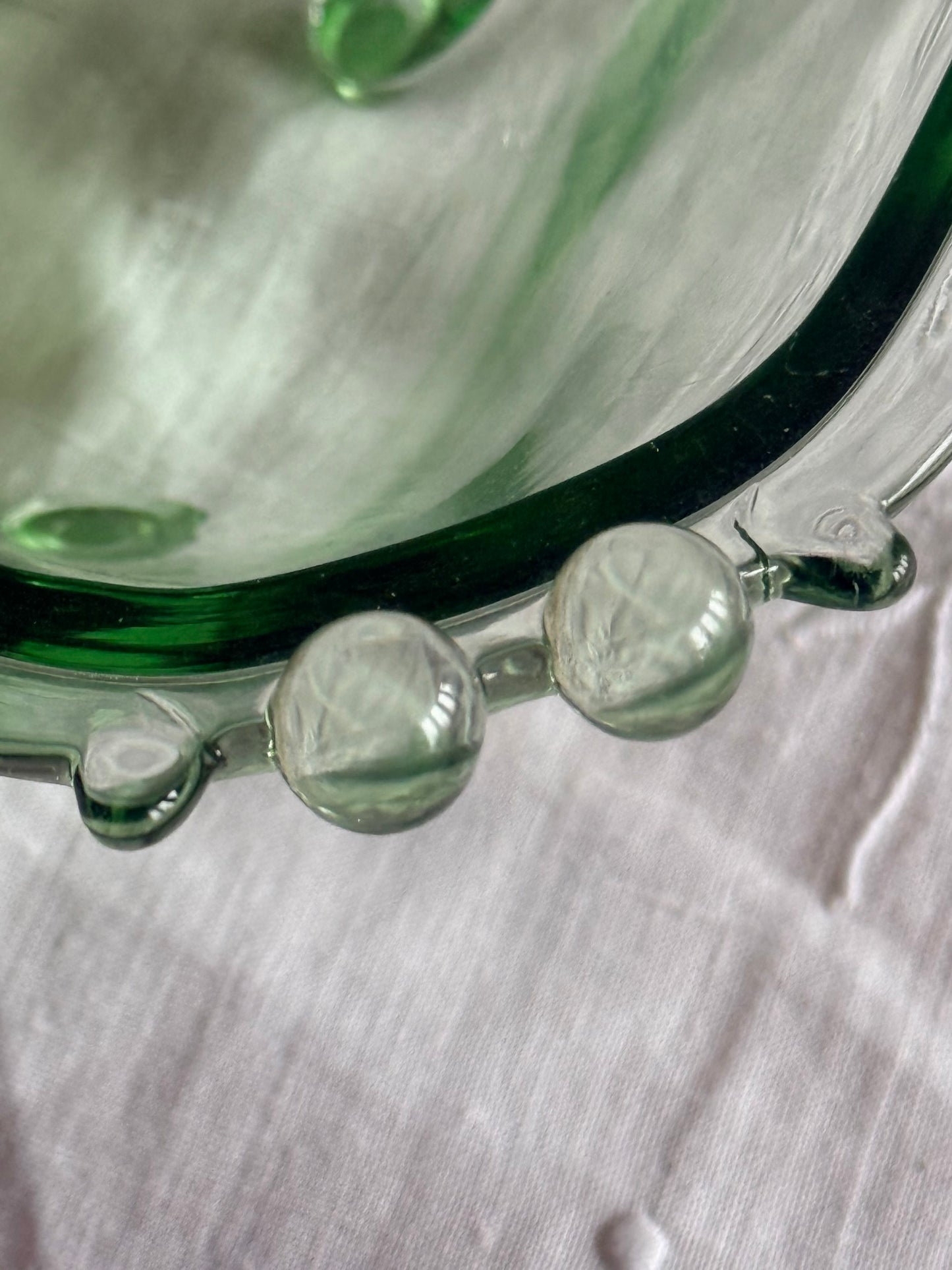 Vintage Green Art Glass Serving Set – Large Bowl + 6 Small Bowls | Hand Blown | Bohemian Style
