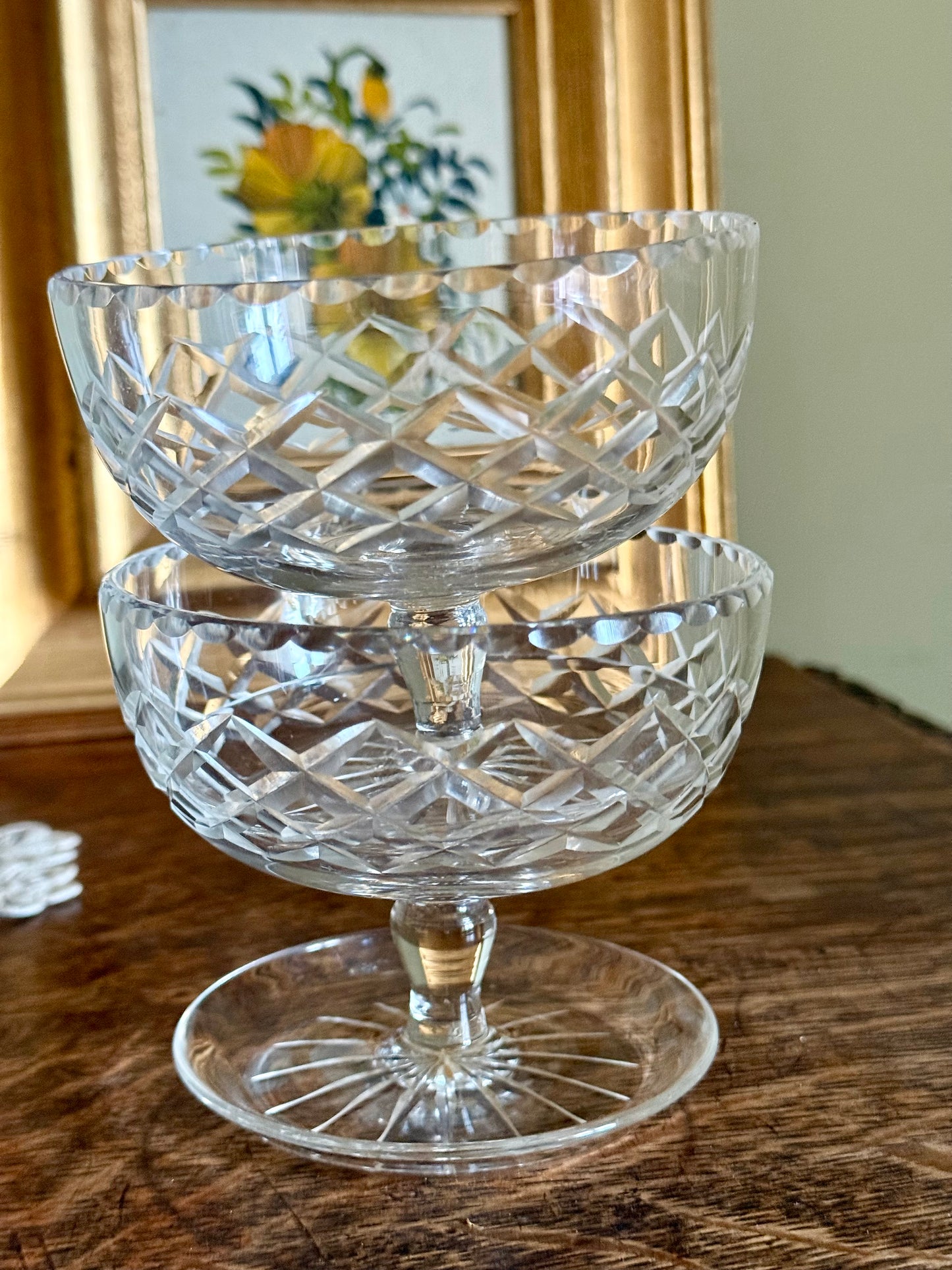 Set of 5 Vintage Cut Crystal Coupe Glasses / Dessert Bowls – Diamond Cut, Star Base