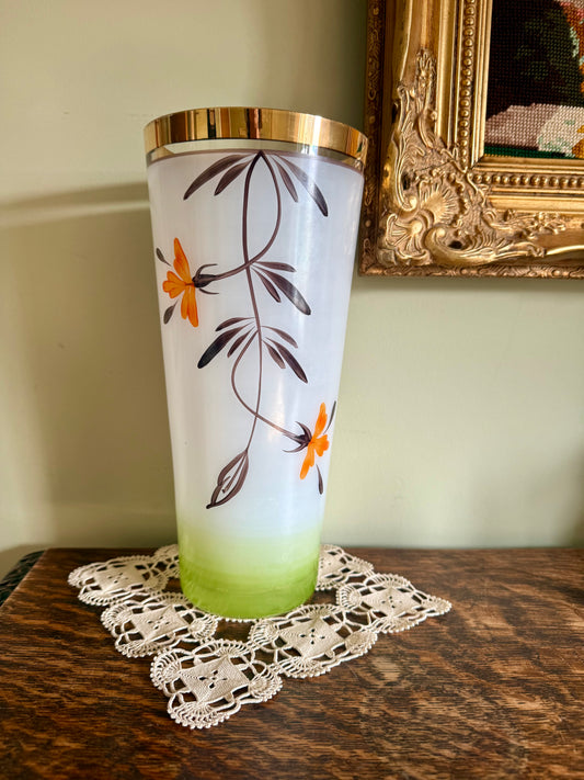 Vintage Frosted Glass Vase with Hand-Painted Flowers & Gold Rim – Mid Century Bohemian Style