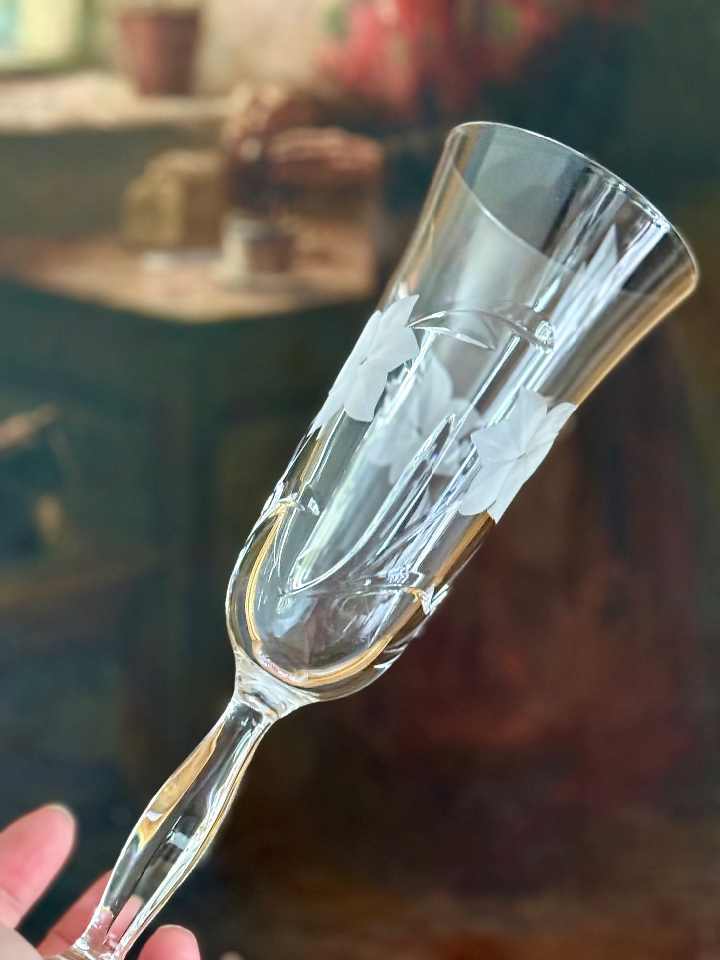 Vintage etched crystal champagne flutes – floral engraved glass set 6