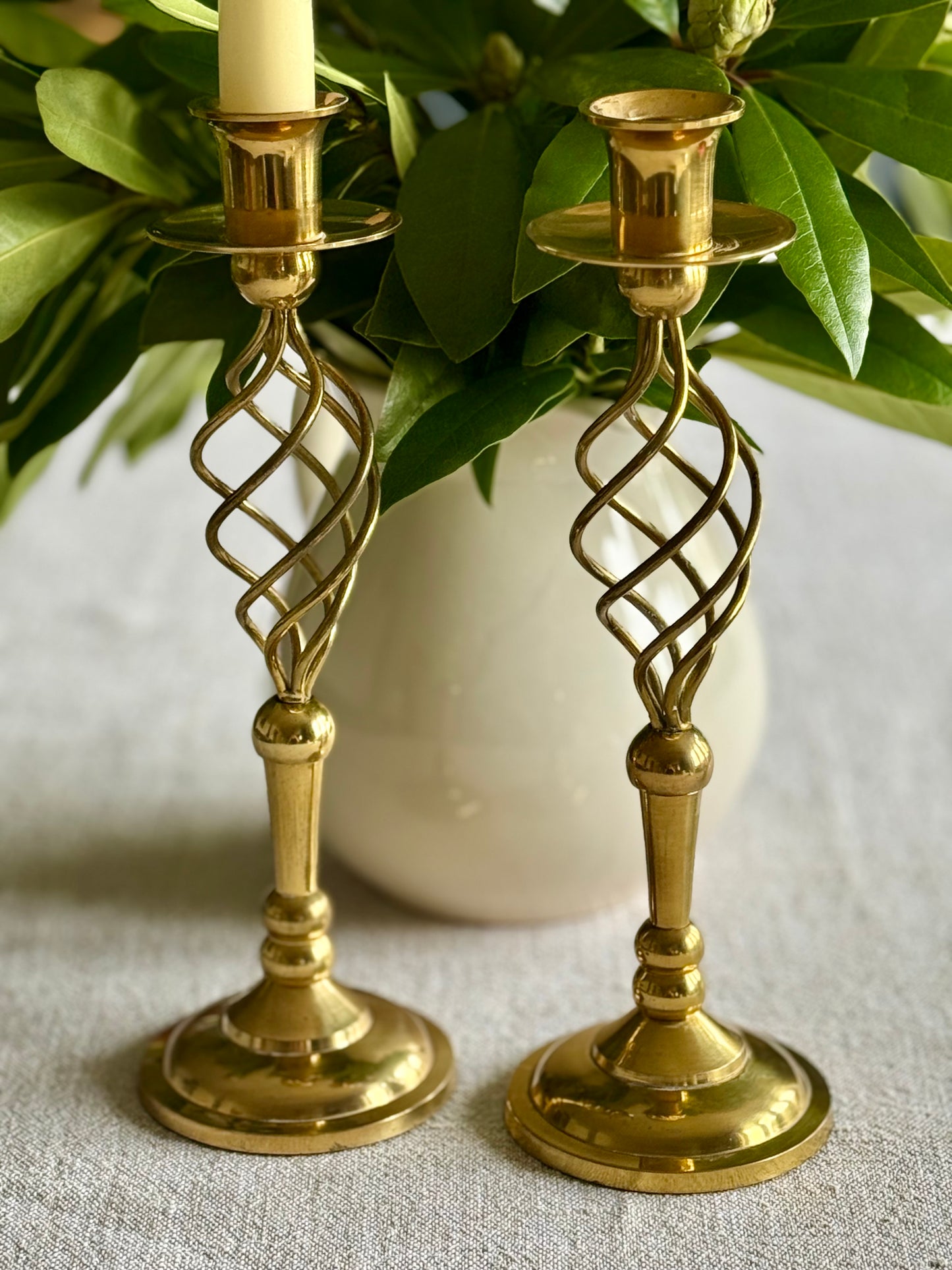 Vintage Brass Twisted Stem Candlesticks – Mid Century Sculptural Pair