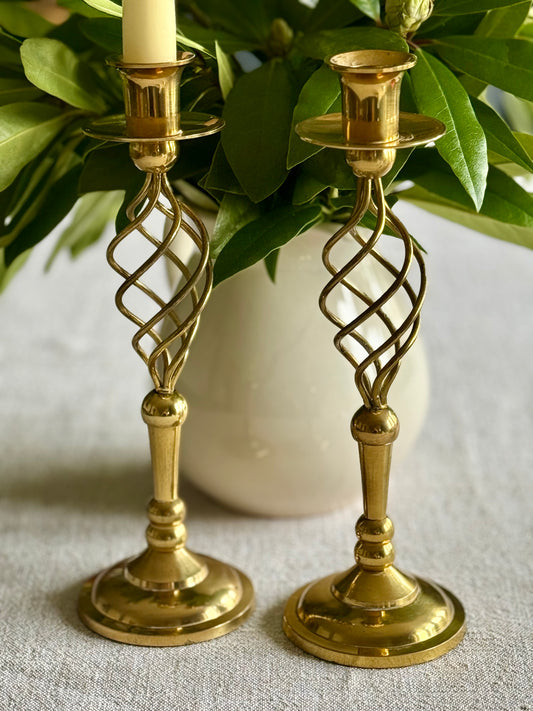 Vintage Brass Twisted Stem Candlesticks – Mid Century Sculptural Pair