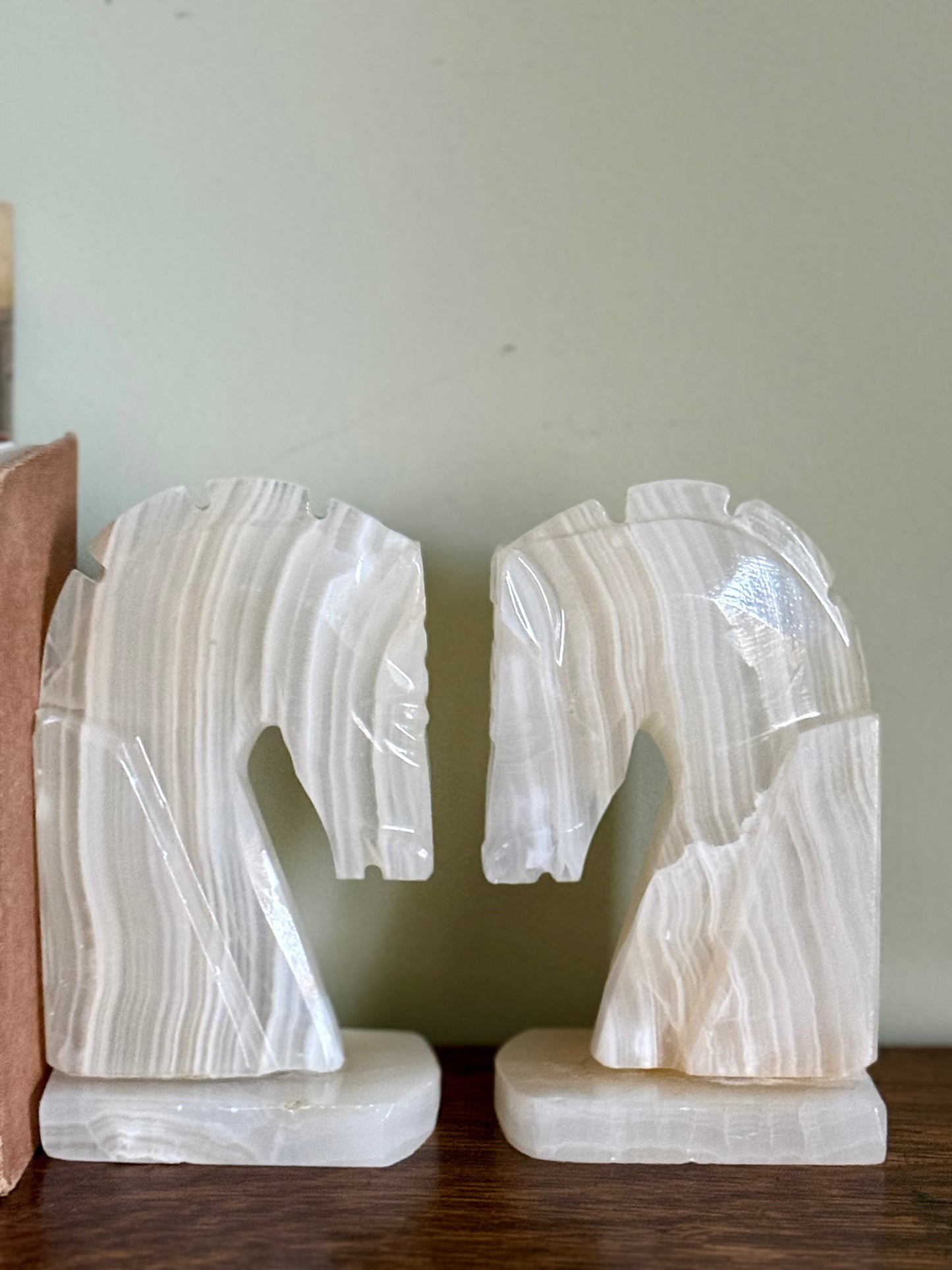Vintage Banded Onyx Marble Horse Head Bookends – Pair – Cream Calcite Stone