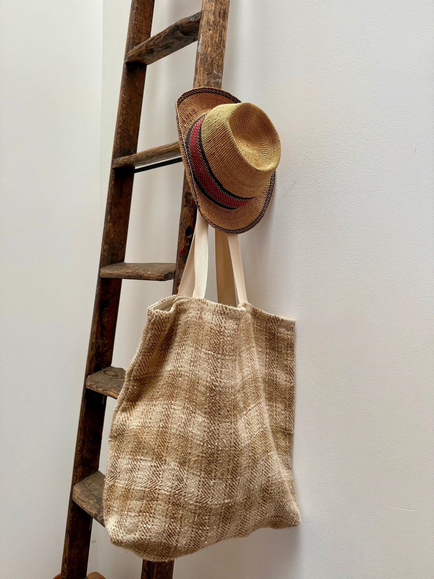 Organic, antique, handwoven linen tote bag.