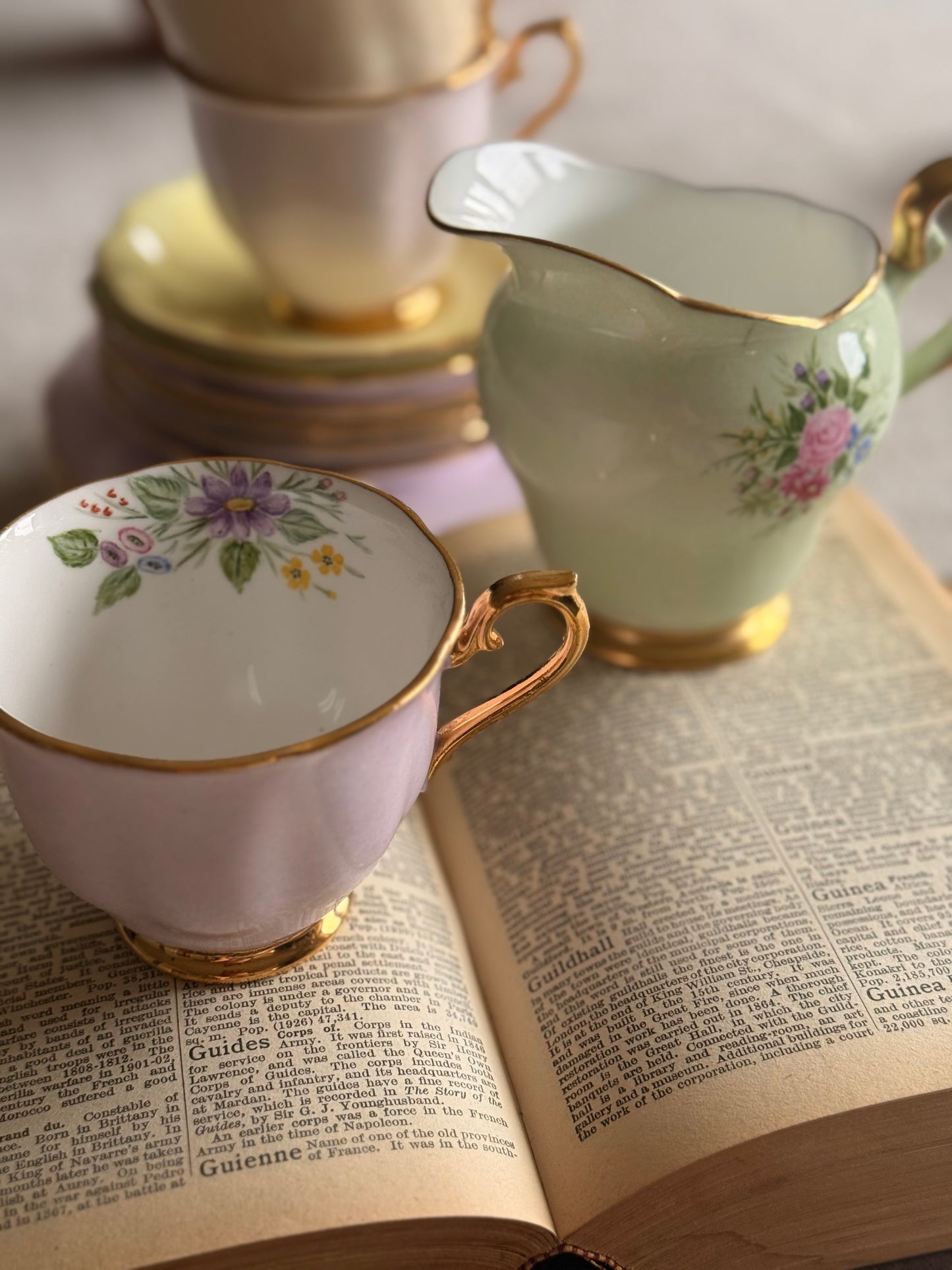 Vintage Pastel Floral Tea Set with Gilt Detail – Cups, Saucers & Milk Jug (EJD Mark)
