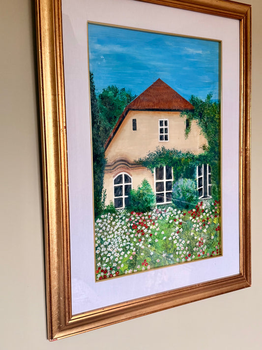 🌿 Hand-Painted Cottage Garden Artwork – Framed (Signed, 2002)