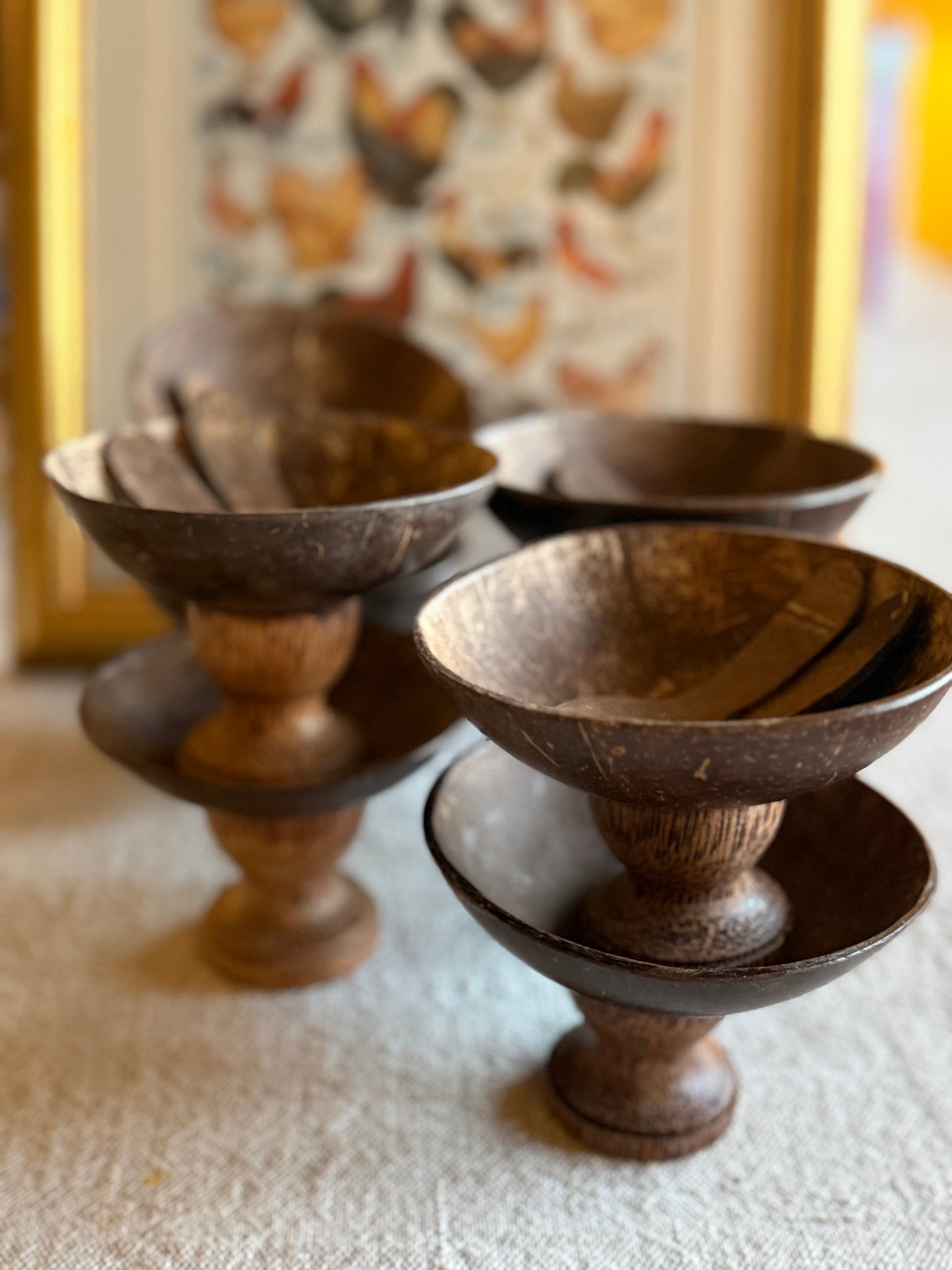 8 Vintage handmade coconut dessert bowls with spoons.