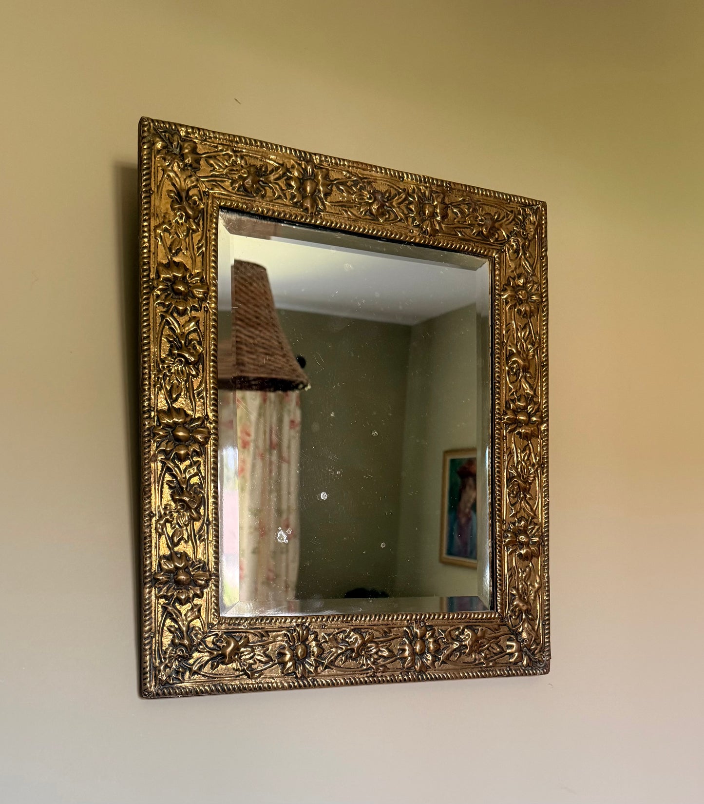 Antique Art Nouveau Brass Framed Bevelled Wall Mirror | Floral Repoussé Frame | Vintage