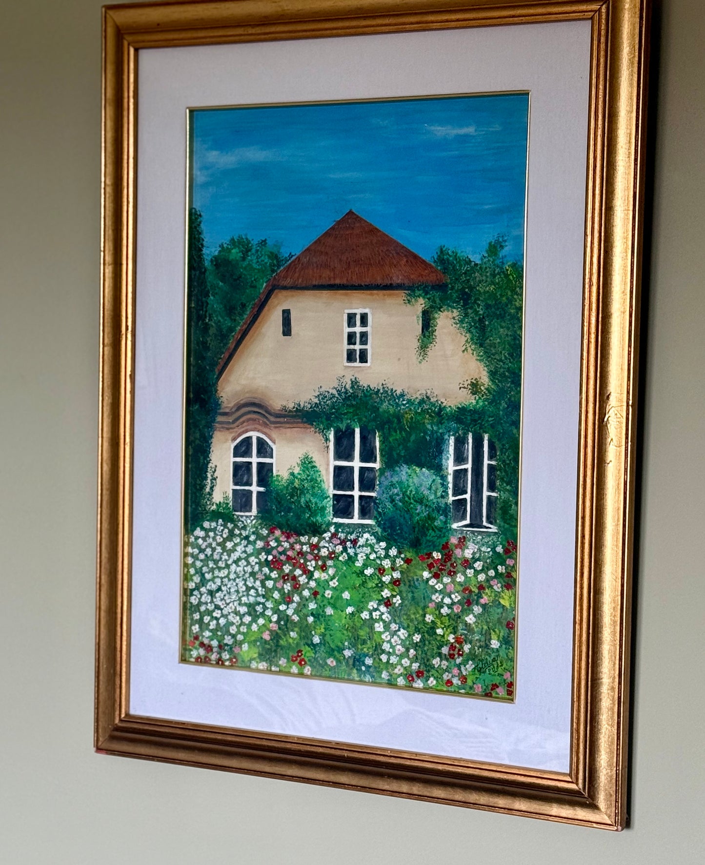 🌿 Hand-Painted Cottage Garden Artwork – Framed (Signed, 2002)