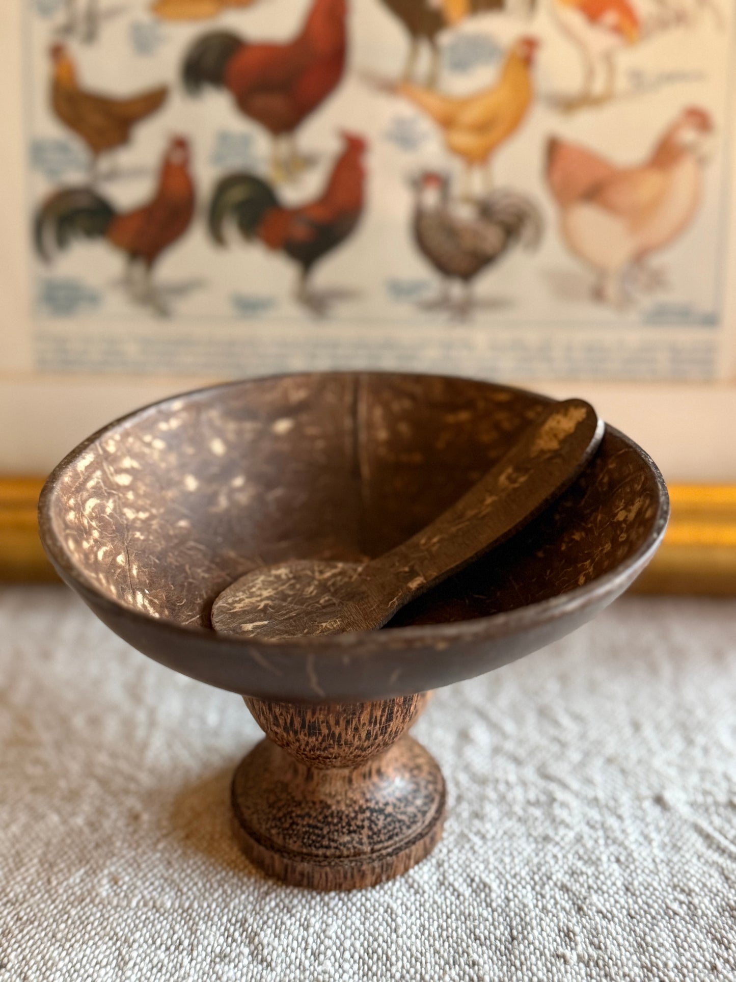 8 Vintage handmade coconut dessert bowls with spoons.