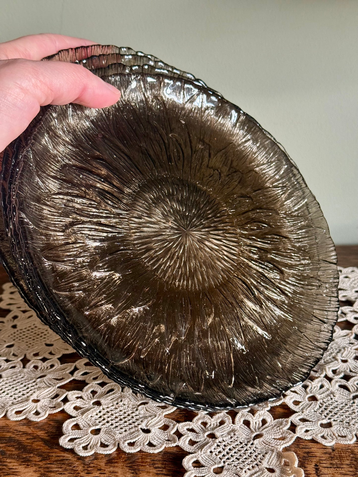 Vintage Arcopal Marguerite Smoked Glass Dessert Plates – Set of 6 with Box