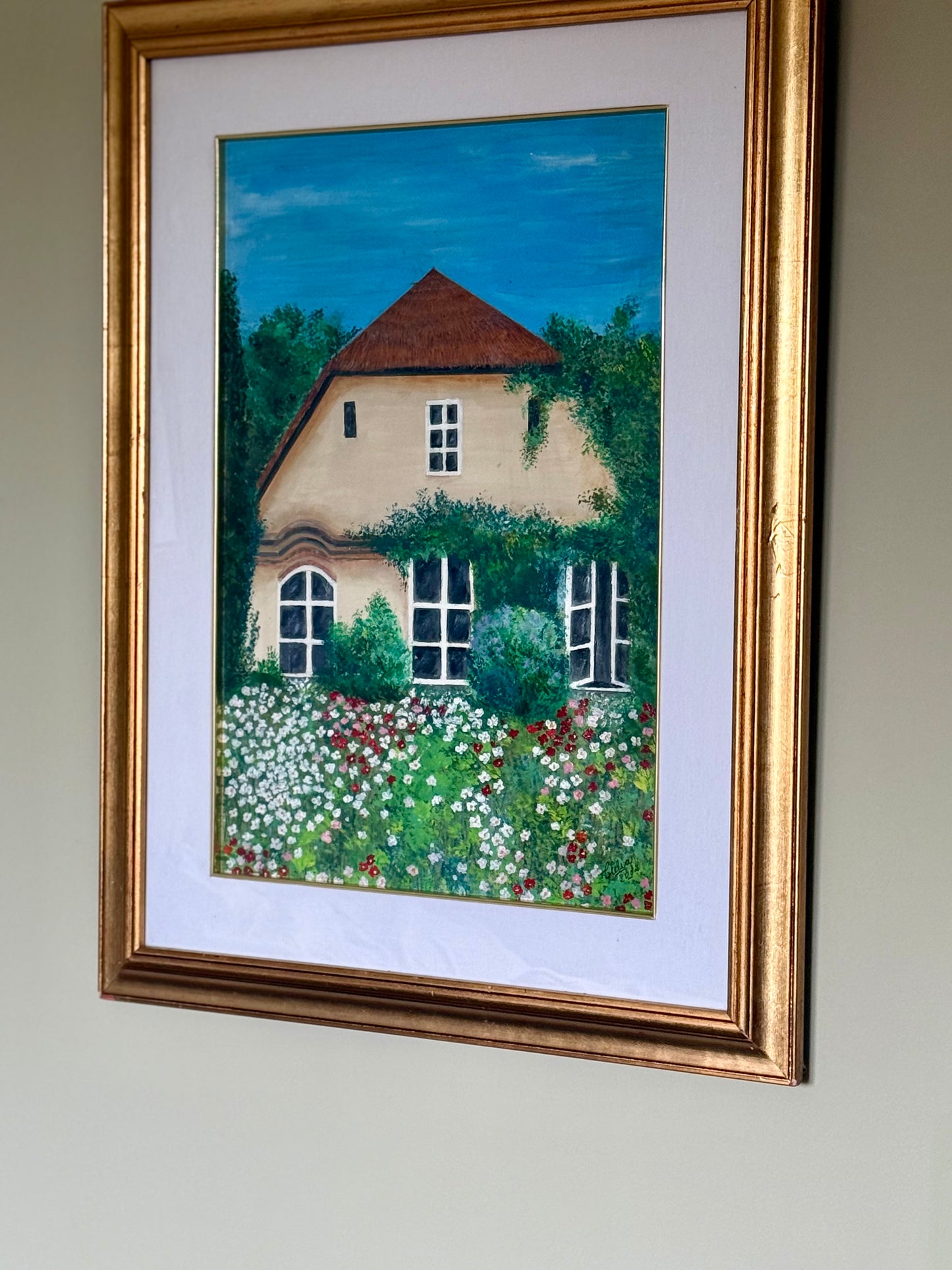 🌿 Hand-Painted Cottage Garden Artwork – Framed (Signed, 2002)