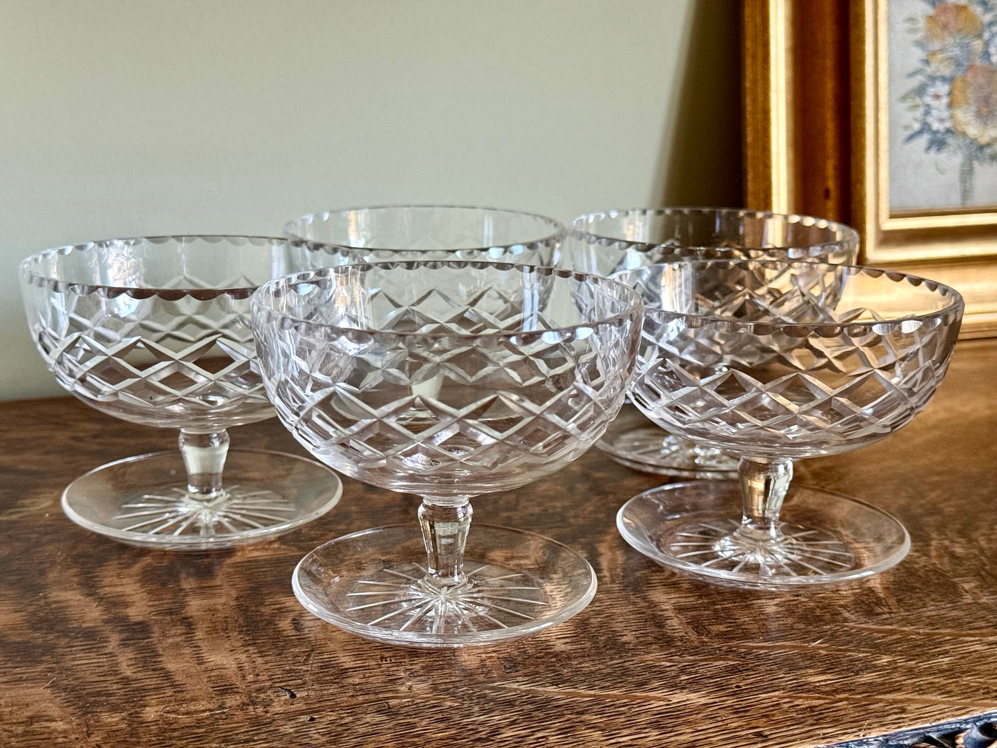 Set of 5 Vintage Cut Crystal Coupe Glasses / Dessert Bowls – Diamond Cut, Star Base