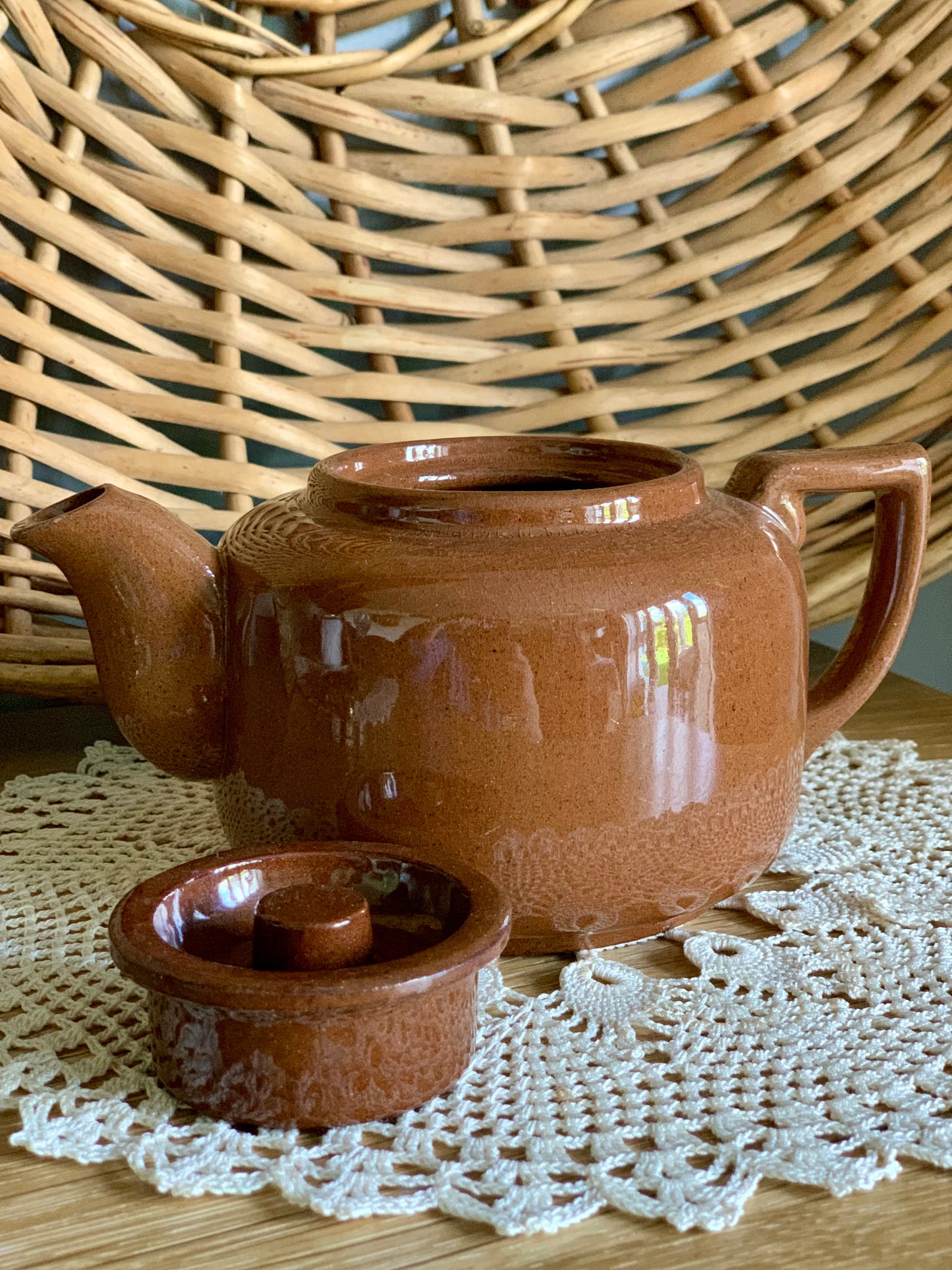 Single, vintage, handmade terracotta teapot.