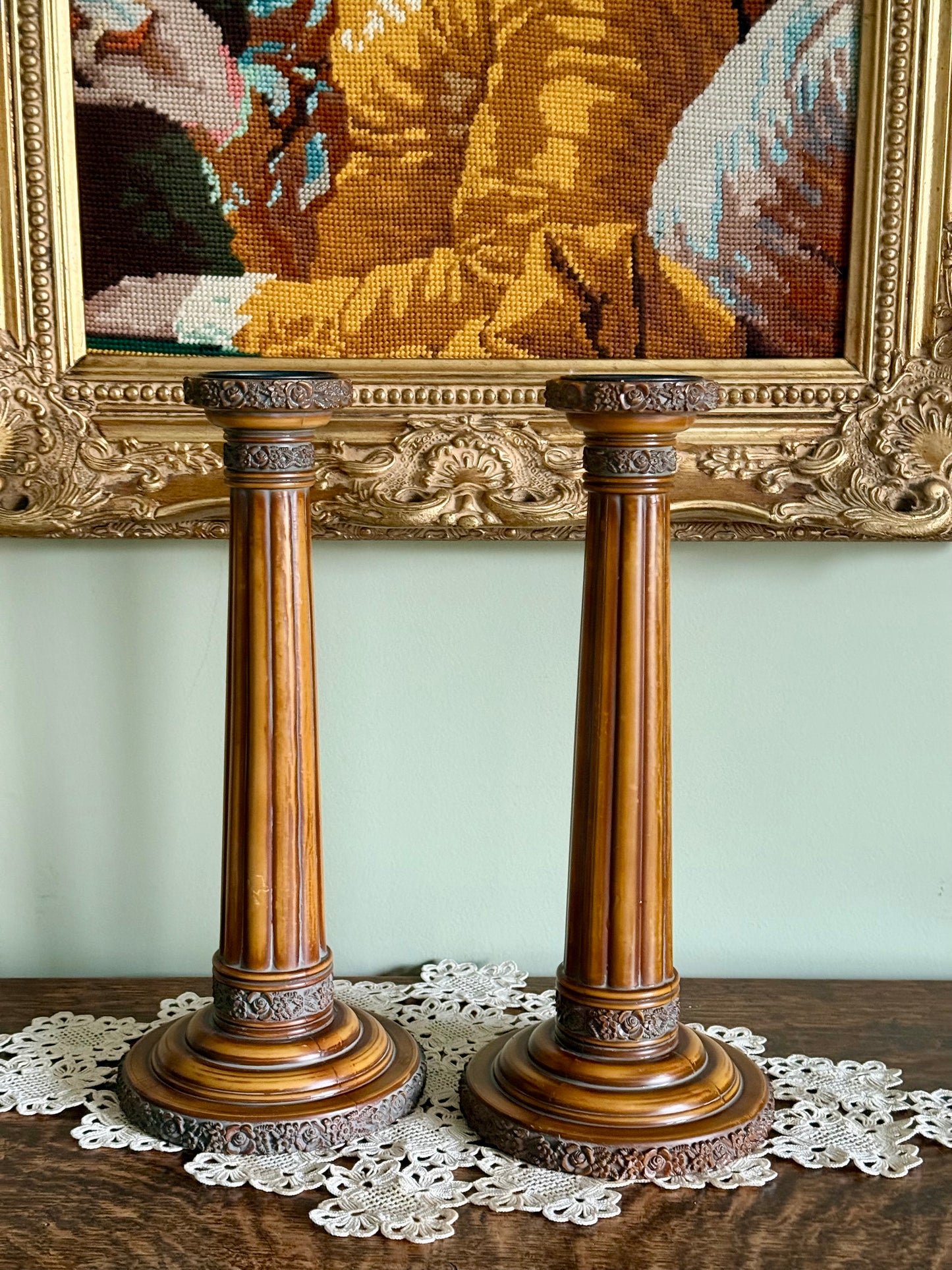 🕯️Vintage Neoclassical Column Pedestals – Ornate Floral Candlestick Pair