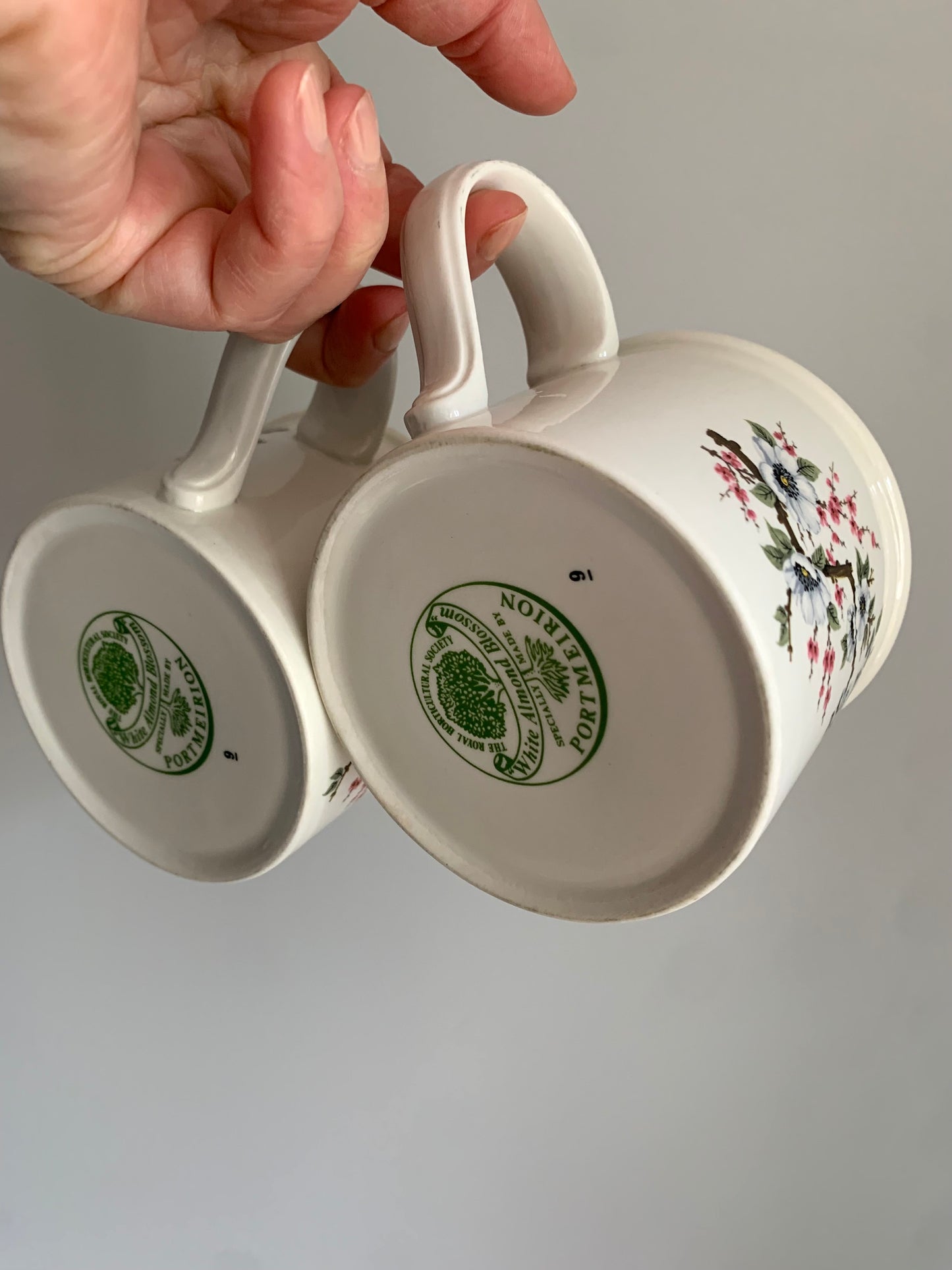 Vintage, white almond blossom tea mugs.