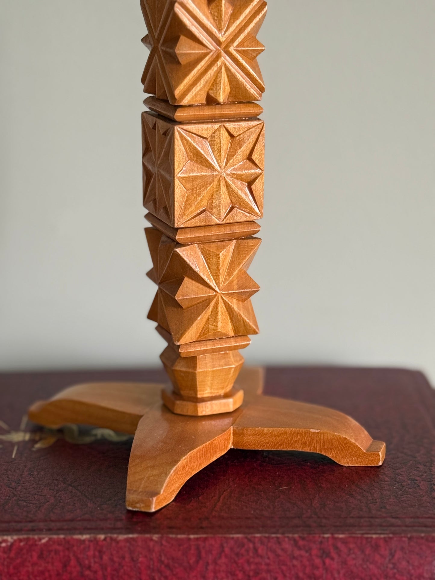 Vintage Scandinavian Hand-Carved Wooden Candlestick – Mid Century Folk Art