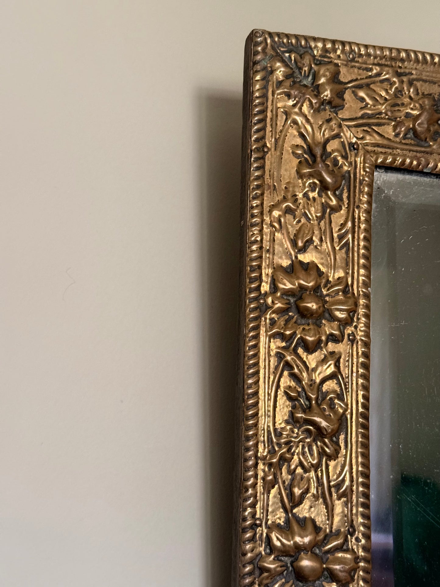 Antique Art Nouveau Brass Framed Bevelled Wall Mirror | Floral Repoussé Frame | Vintage