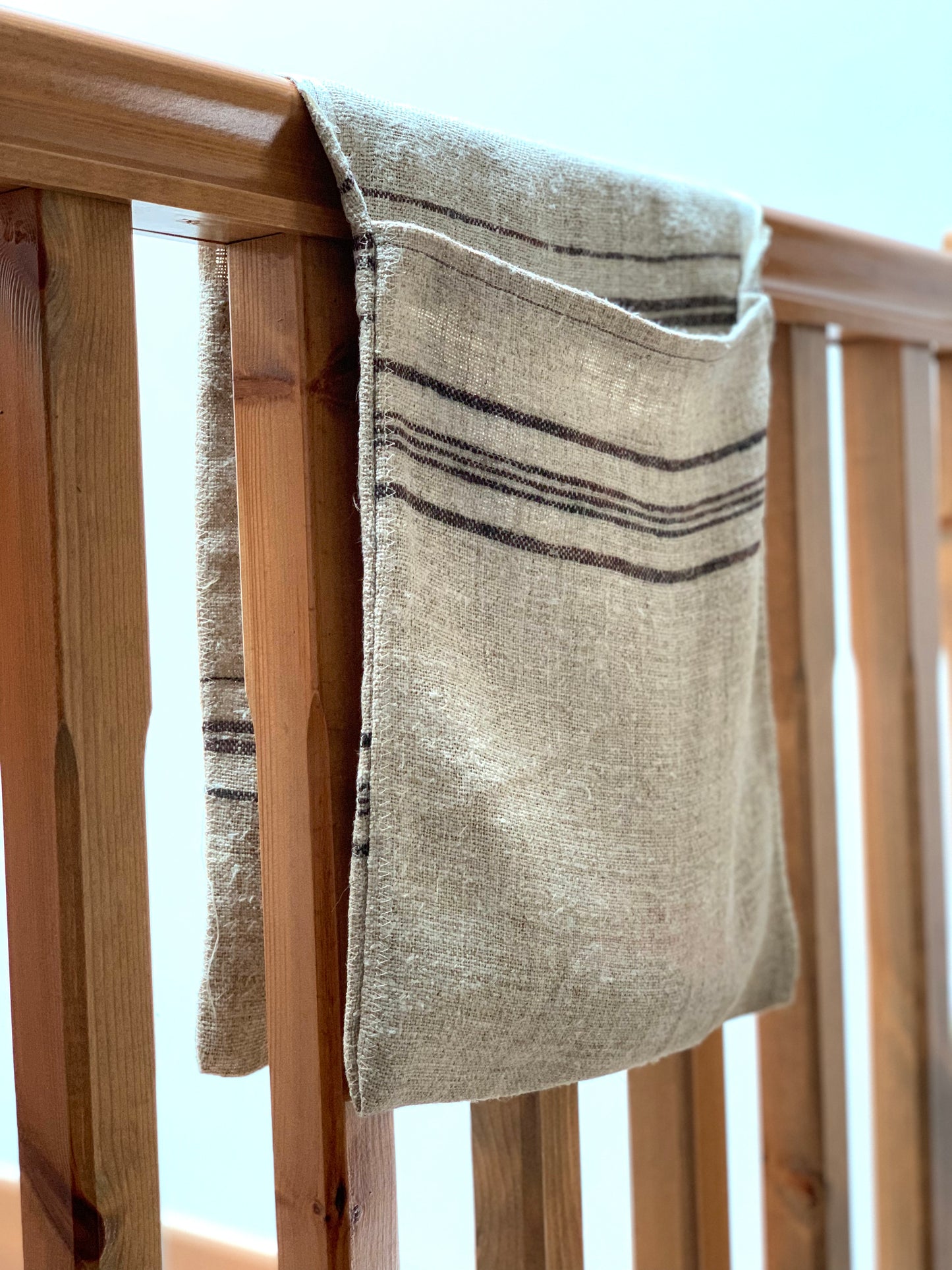 Antique, handwoven hemp stair organiser.