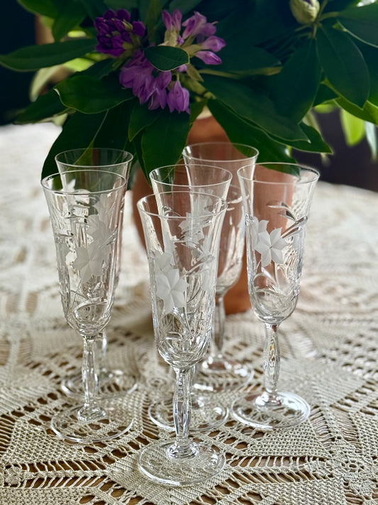 Vintage etched crystal champagne flutes – floral engraved glass set 6