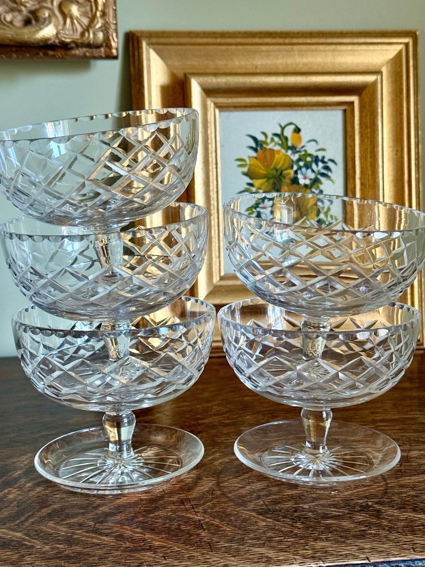 Set of 5 Vintage Cut Crystal Coupe Glasses / Dessert Bowls – Diamond Cut, Star Base