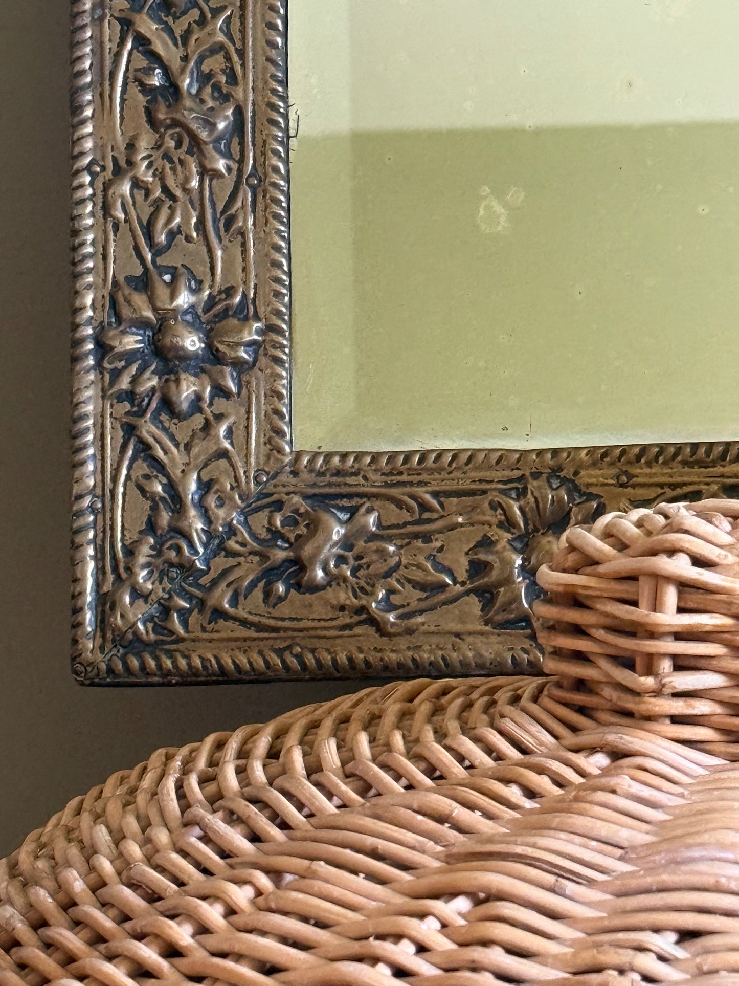 Antique Art Nouveau Brass Framed Bevelled Wall Mirror | Floral Repoussé Frame | Vintage