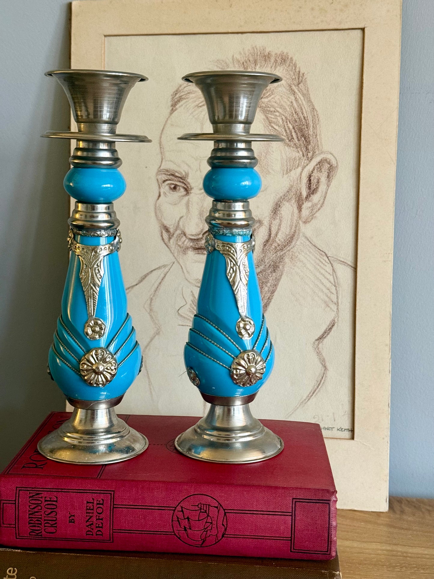 Vintage Turquoise Glass & Silver-Plated Candlesticks – Pair (Mid-Century European Design)