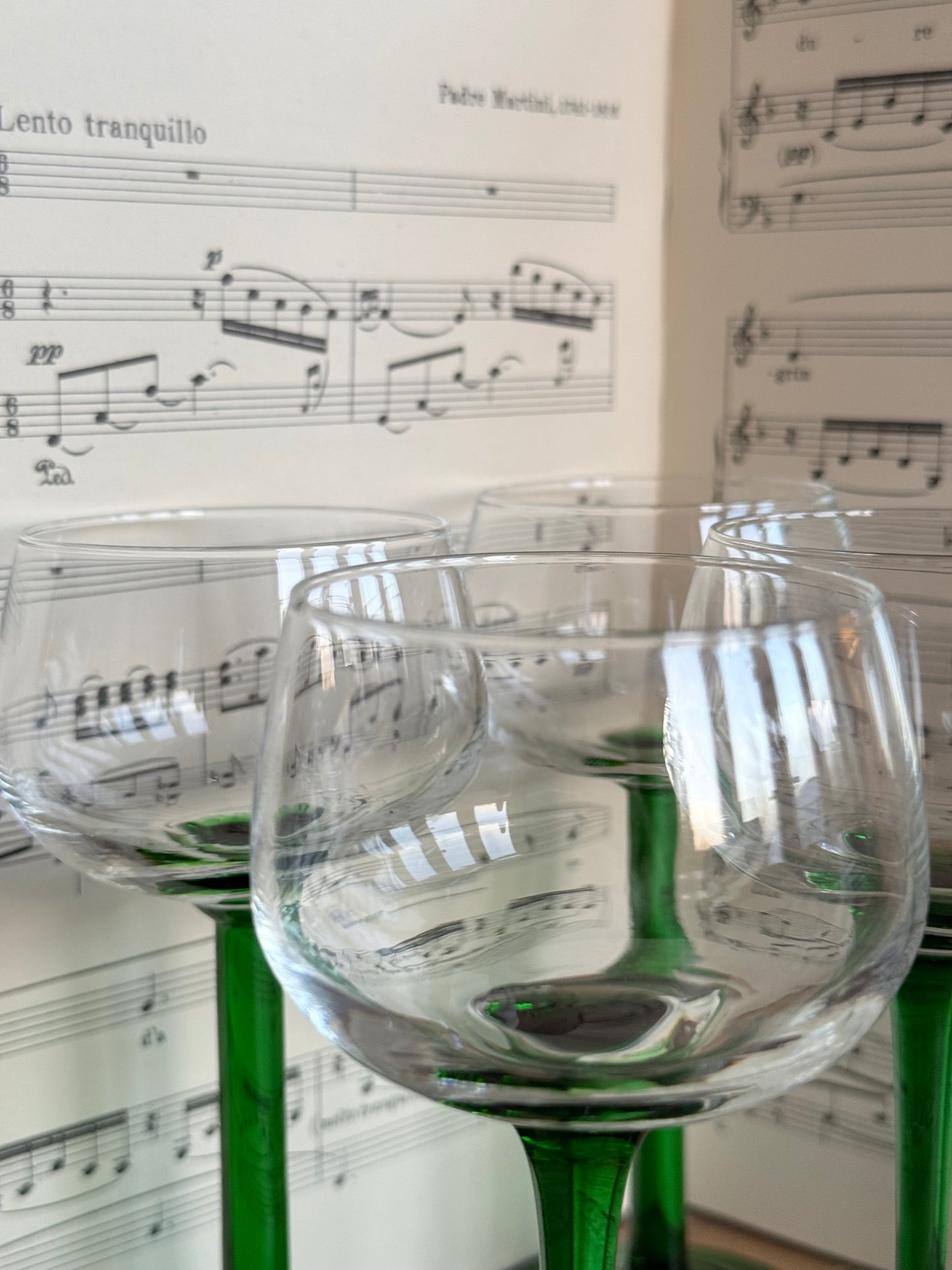 Vintage French green stemmed wine glasses.