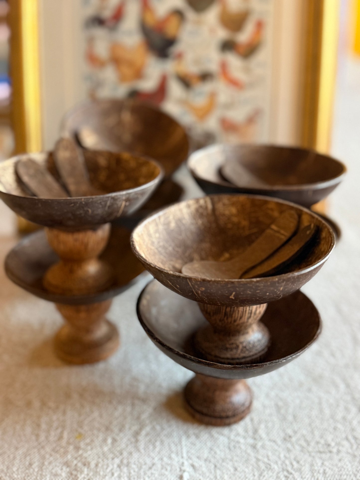 8 Vintage handmade coconut dessert bowls with spoons.