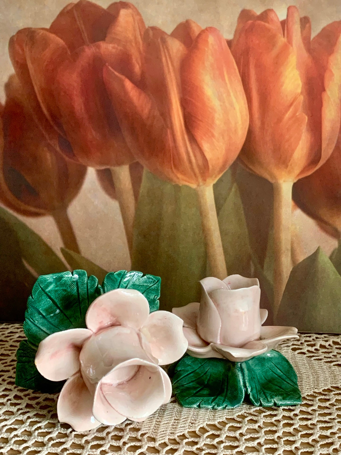 Beautiful, hand made ceramic rose candlestick holders.