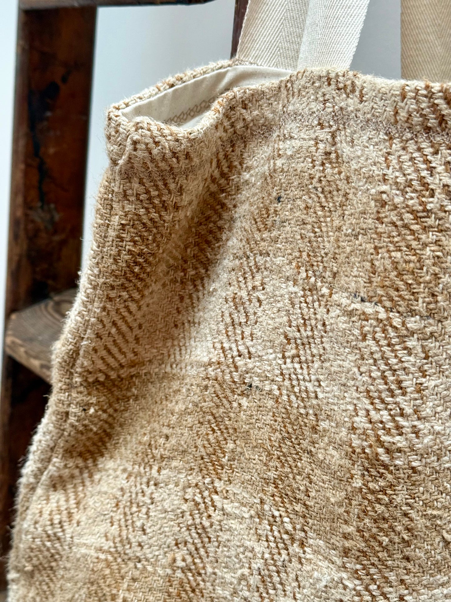 Organic, antique, handwoven linen tote bag.