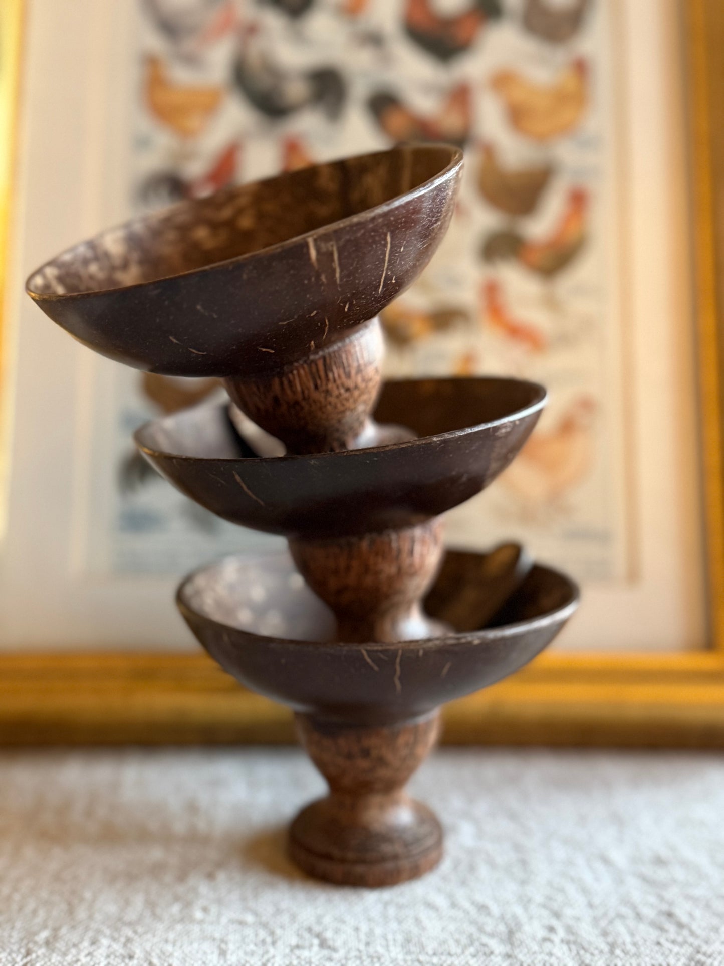 8 Vintage handmade coconut dessert bowls with spoons.